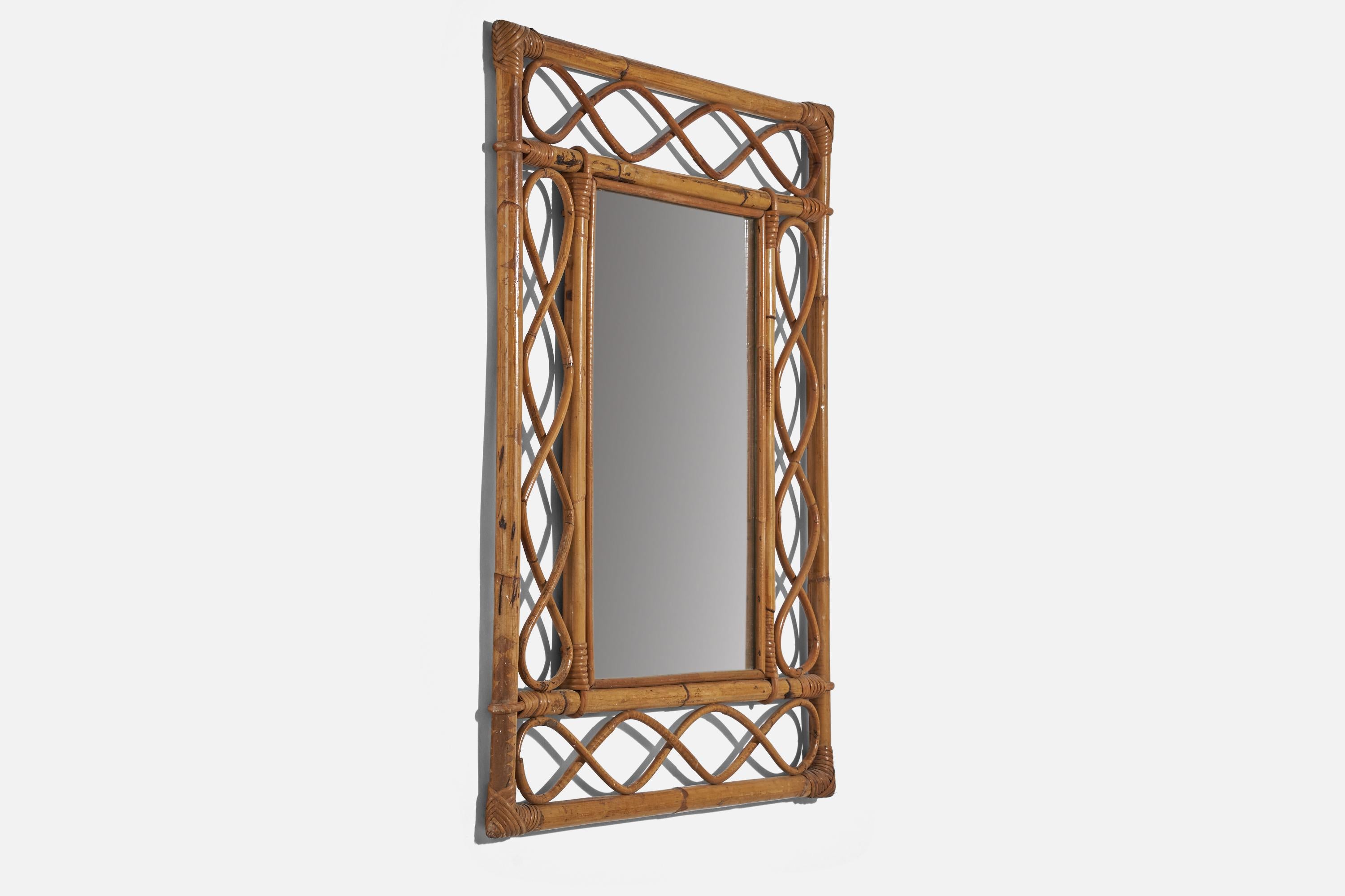Mid-20th Century Italian Designer, Wall Mirror, Rattan, Bamboo, Mirror Glass, Italy, 1950s For Sale