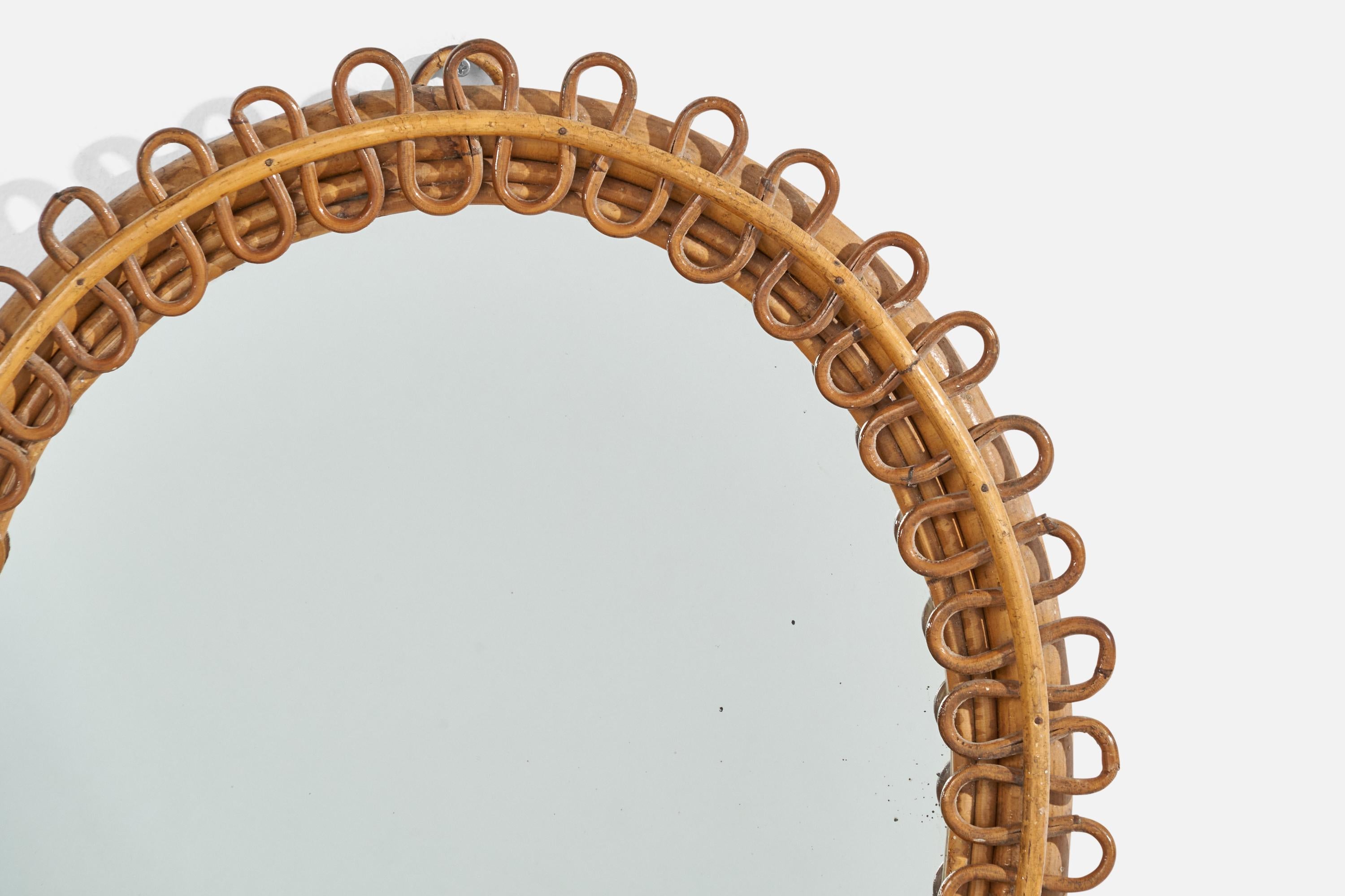 Milieu du XXe siècle Miroir mural de designer italien, rotin, bambou, verre de miroir, Italie, années 1950 en vente