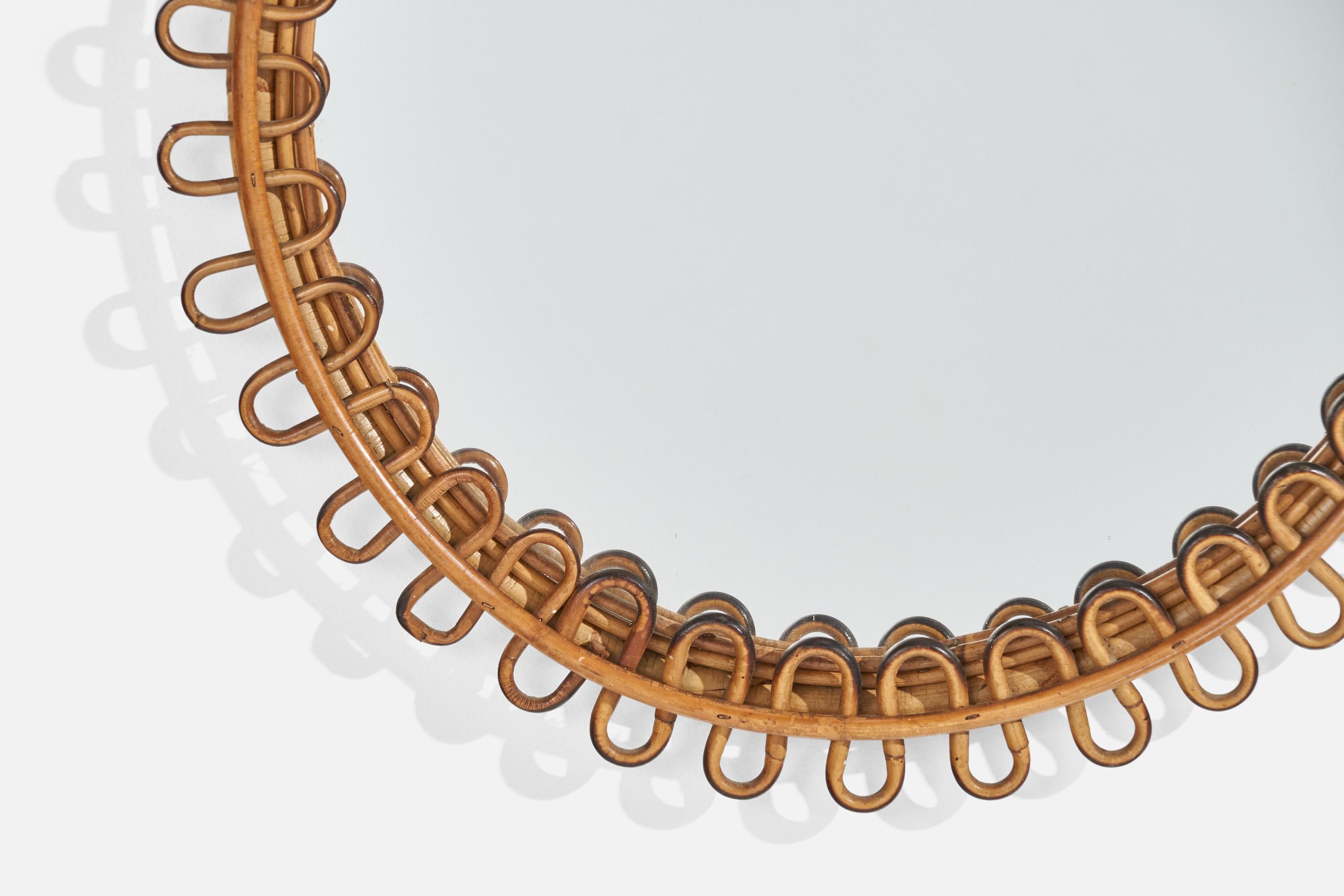 Mid-20th Century Italian Designer, Wall Mirror, Rattan, Bamboo, Mirror Glass, Italy, 1950s For Sale
