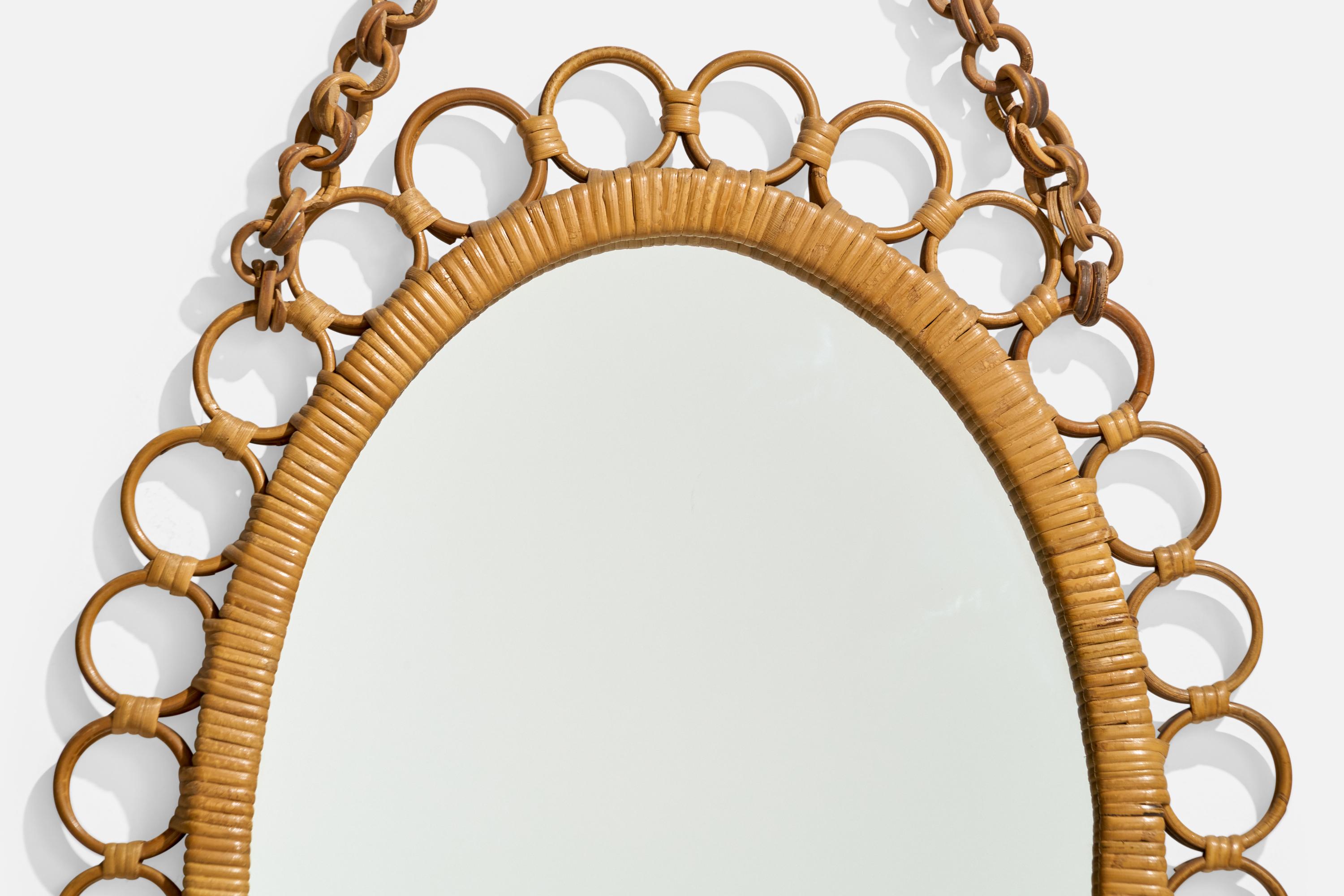 Milieu du XXe siècle Miroir mural de designer italien, rotin, bambou, verre de miroir, Italie, années 1950 en vente