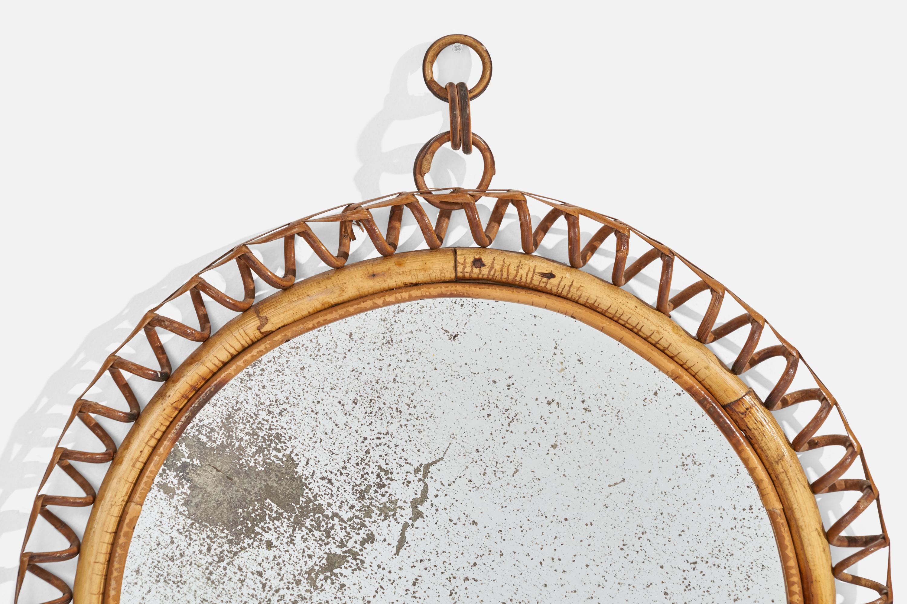 Mid-20th Century Italian Designer, Wall Mirror, Rattan Bamboo, Mirror Glass, Italy, 1950s For Sale