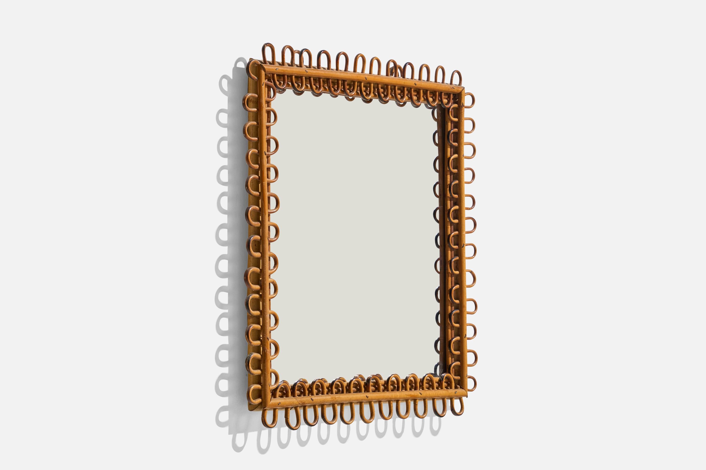 Mid-Century Modern Miroir mural de designer italien, rotin, bambou, verre de miroir, Italie, années 1950 en vente