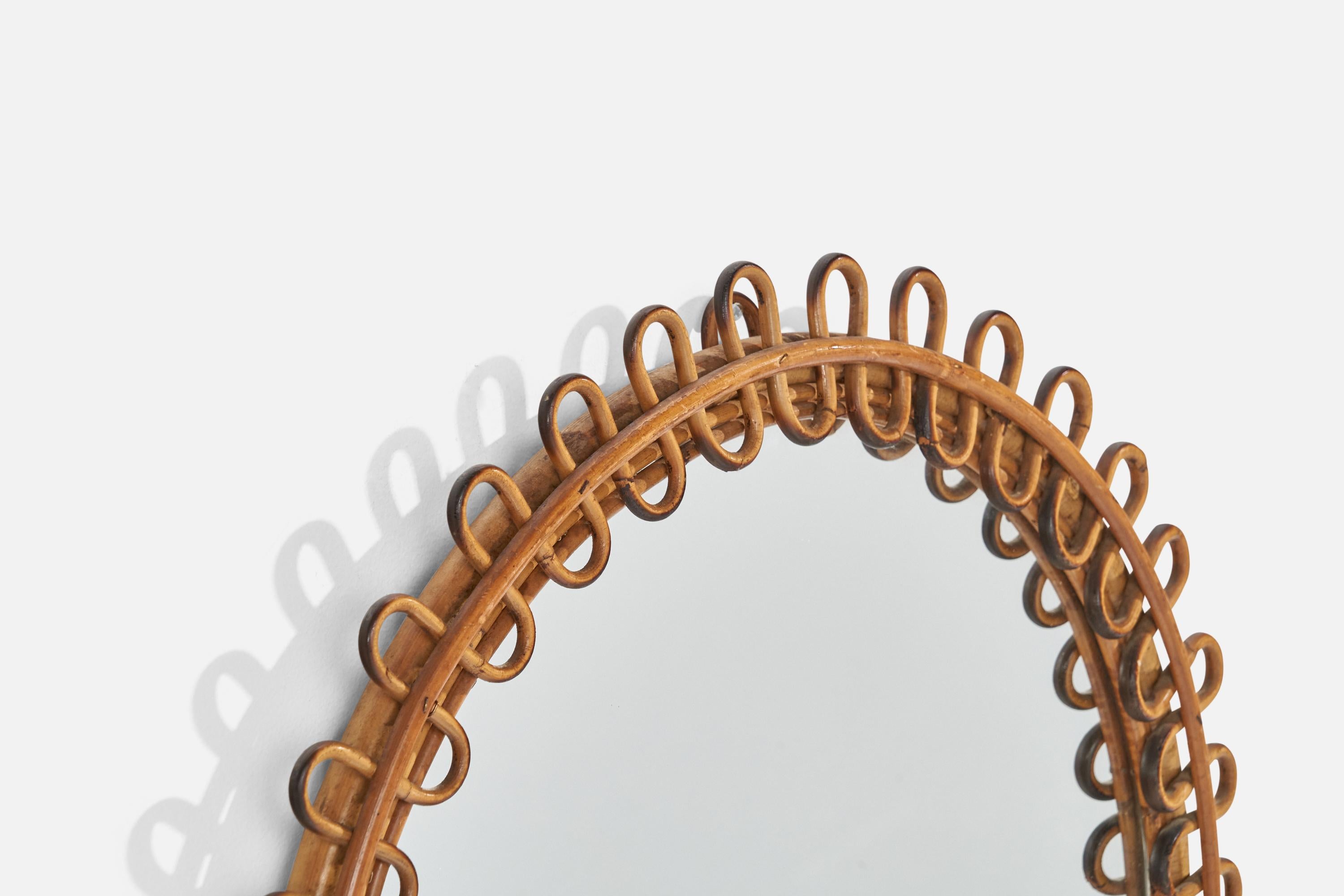 Italian Designer, Wall Mirror, Rattan, Bamboo, Mirror Glass, Italy, 1950s For Sale 1