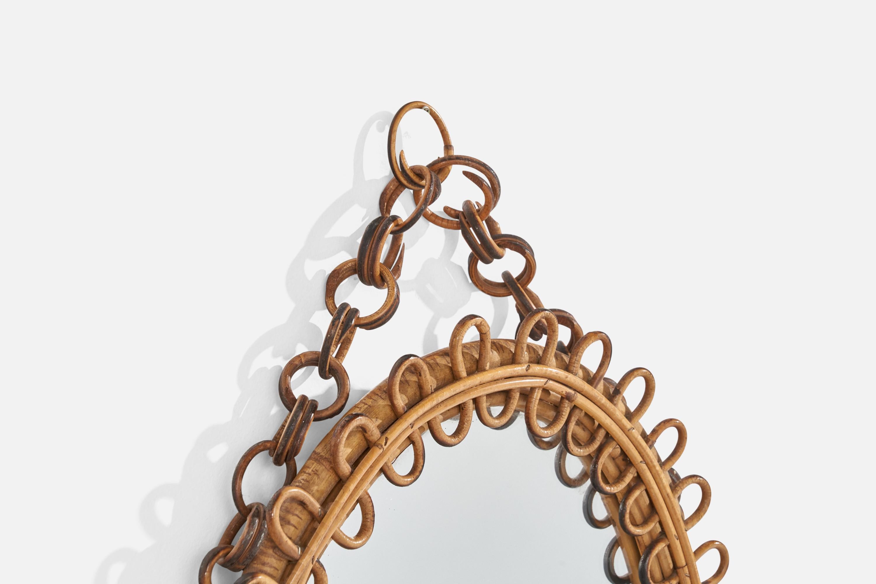 Metà XX secolo Specchio da parete di design italiano, rattan, bambù, vetro a specchio, Italia, anni '50 in vendita