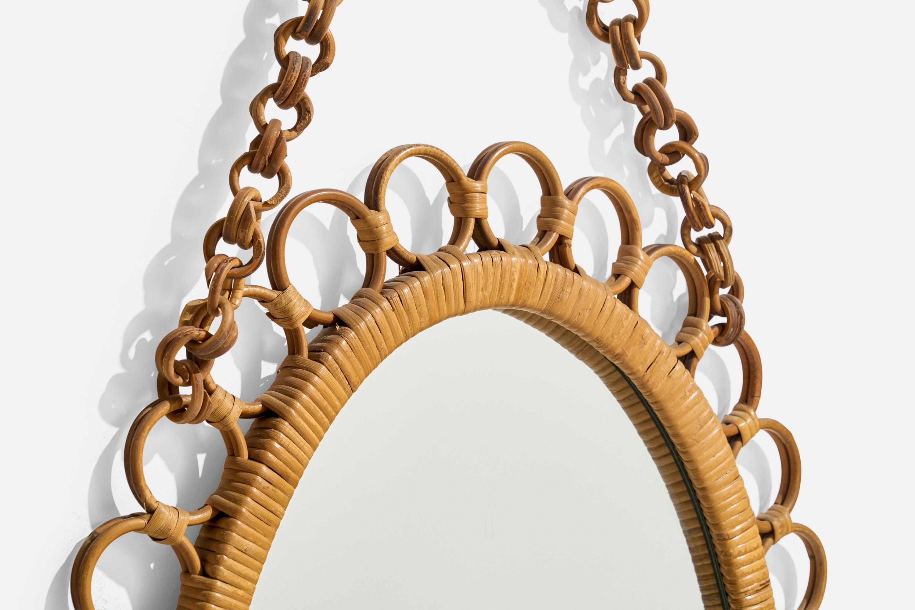 Rotin Miroir mural de designer italien, rotin, bambou, verre de miroir, Italie, années 1950 en vente