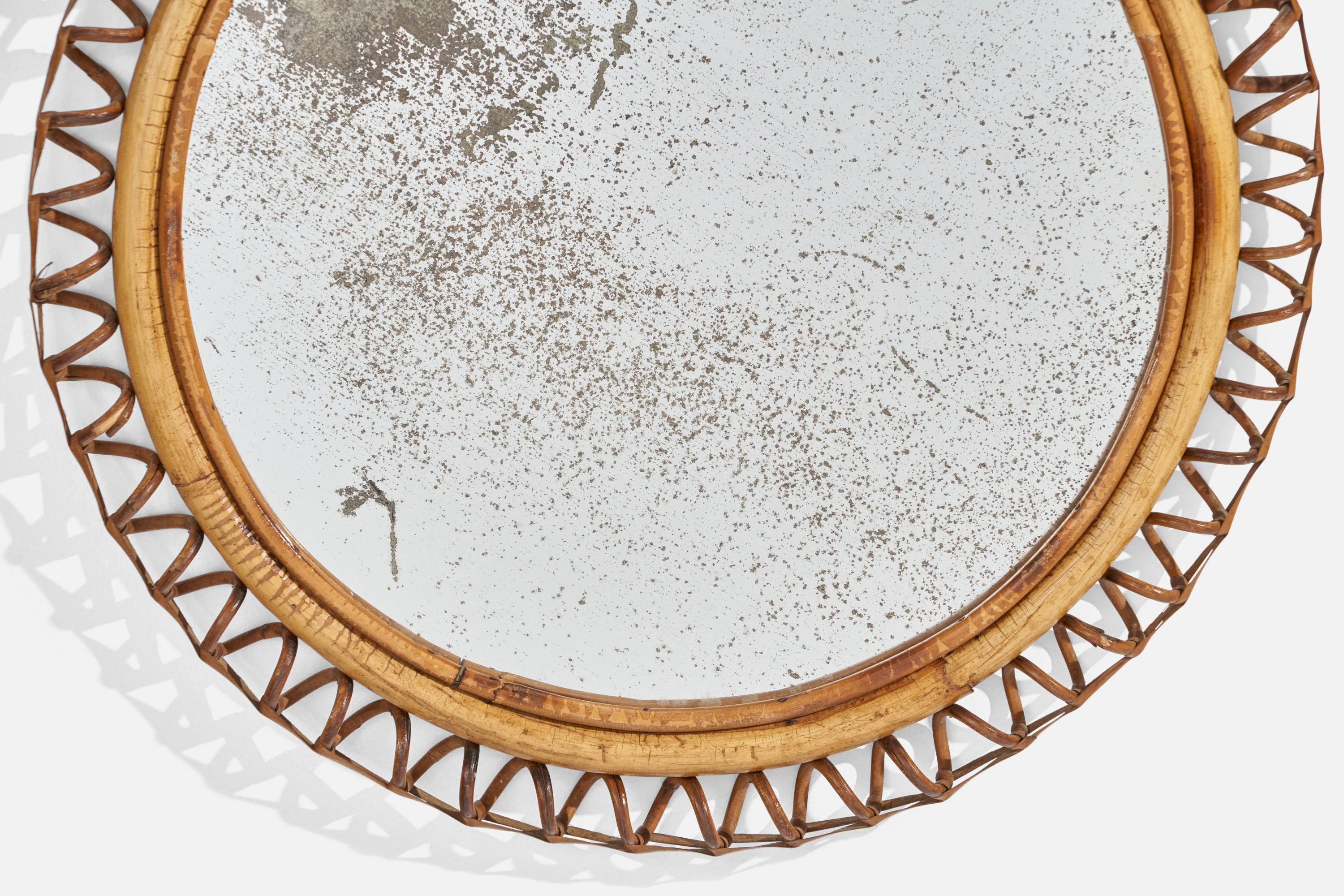 Cane Italian Designer, Wall Mirror, Rattan Bamboo, Mirror Glass, Italy, 1950s For Sale