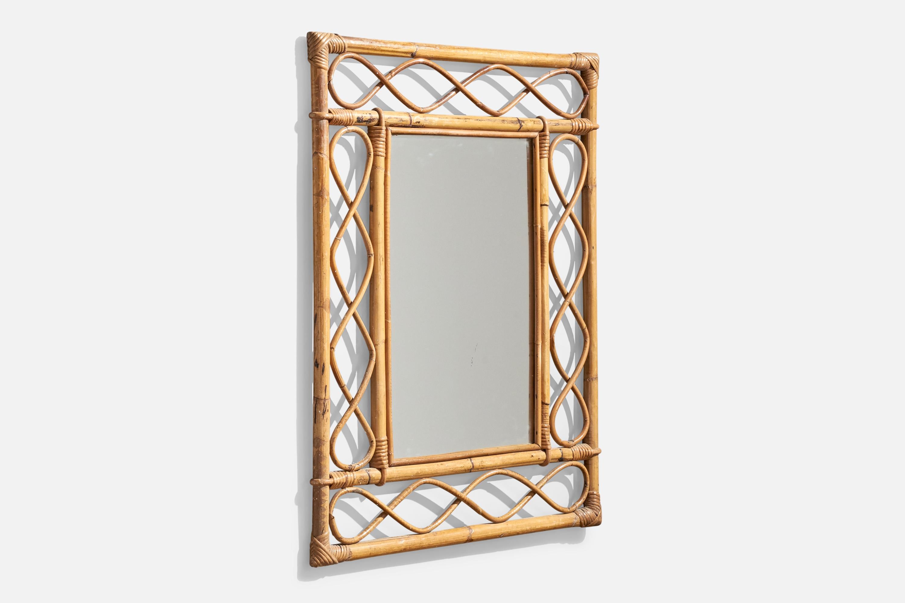 Mid-Century moderno Specchio da parete di design italiano, rattan, bambù, vetro a specchio, Italia, anni '50 in vendita
