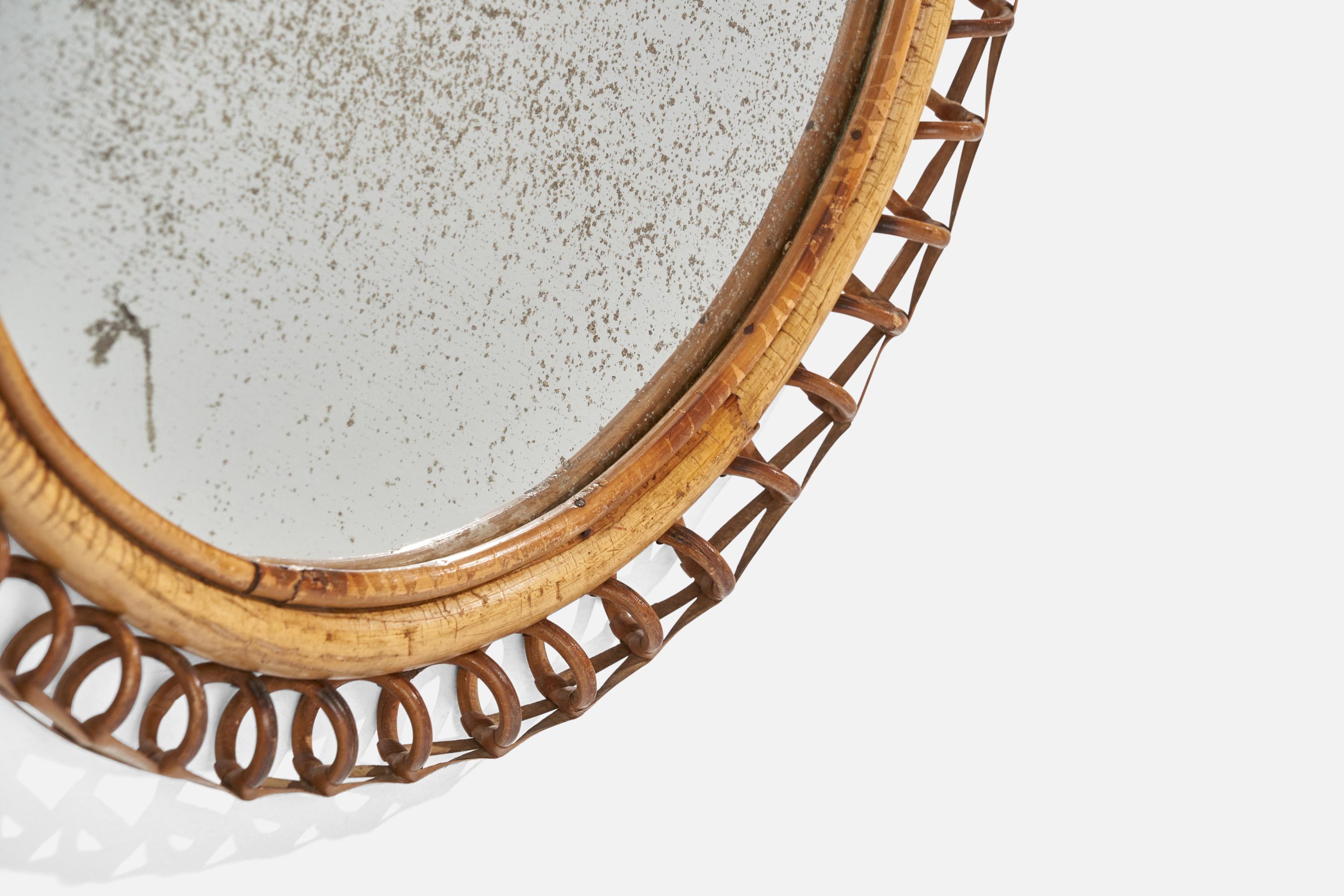 Italian Designer, Wall Mirror, Rattan Bamboo, Mirror Glass, Italy, 1950s For Sale 1