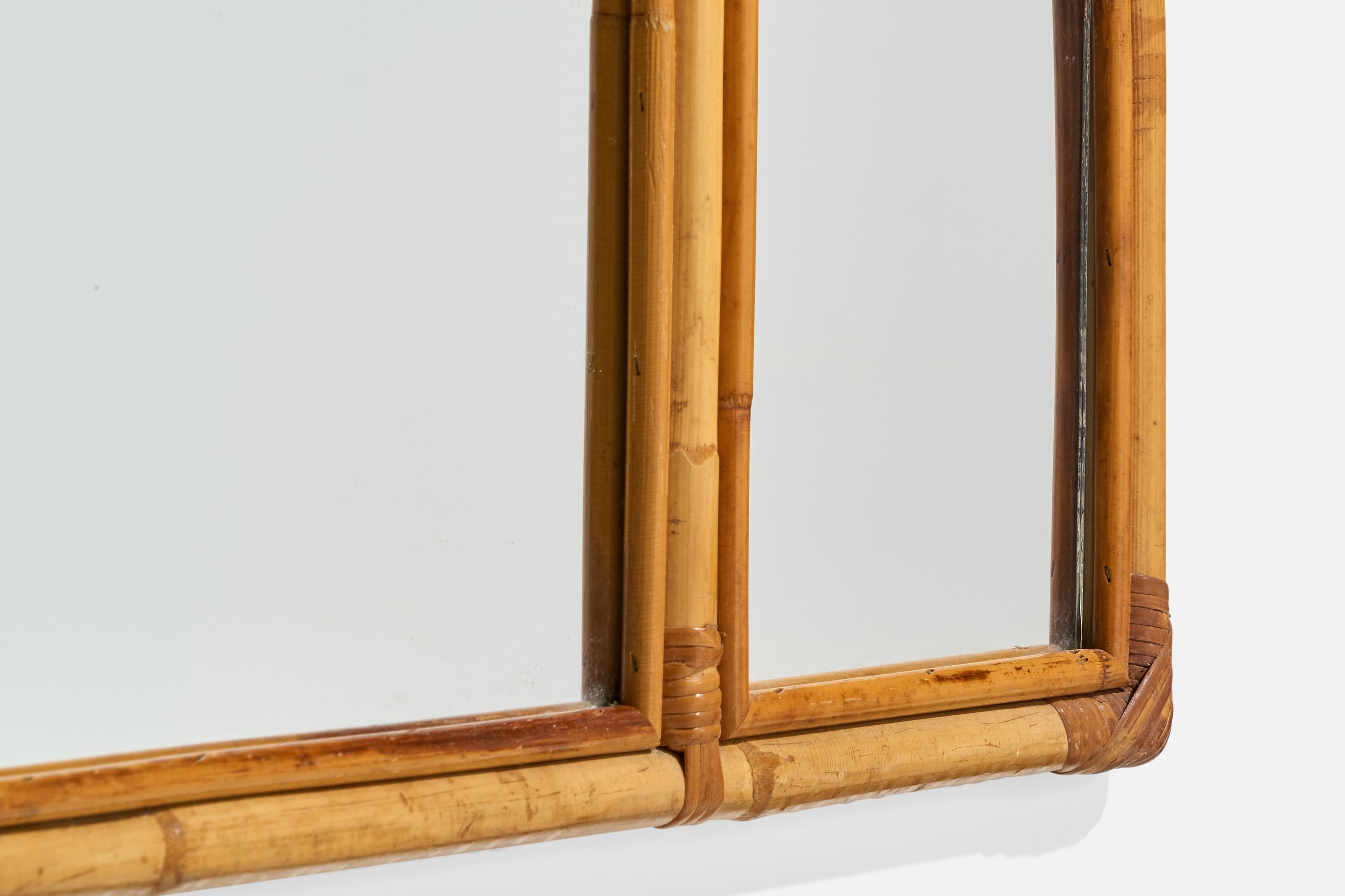 Designer italien, miroir mural, rotin, bambou, miroir en verre, Italie, années 1950 en vente 2