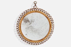 Italian Designer, Wall Mirror, Rattan Bamboo, Mirror Glass, Italy, 1950s