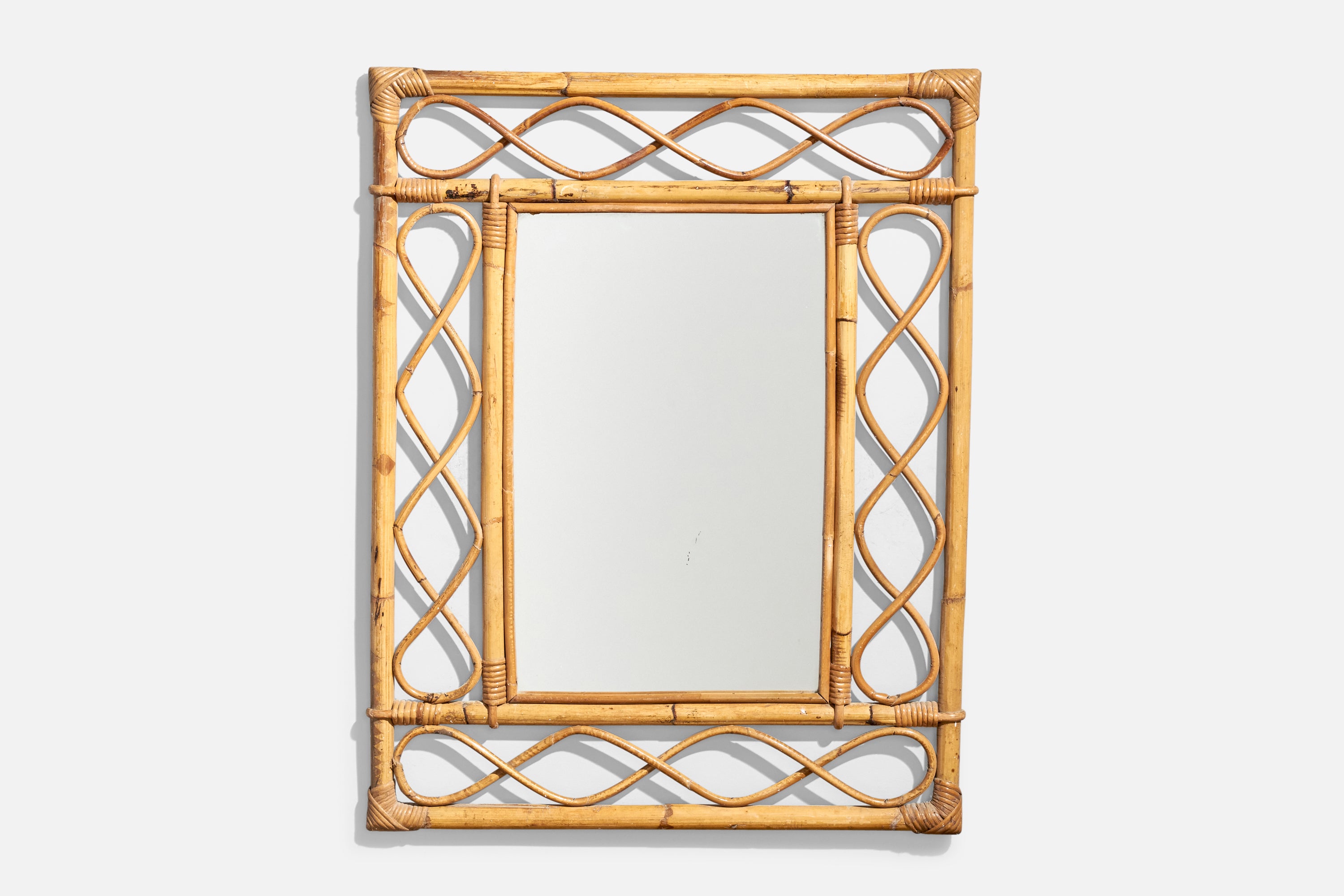 Specchio da parete di design italiano, rattan, bambù, vetro a specchio, Italia, anni '50