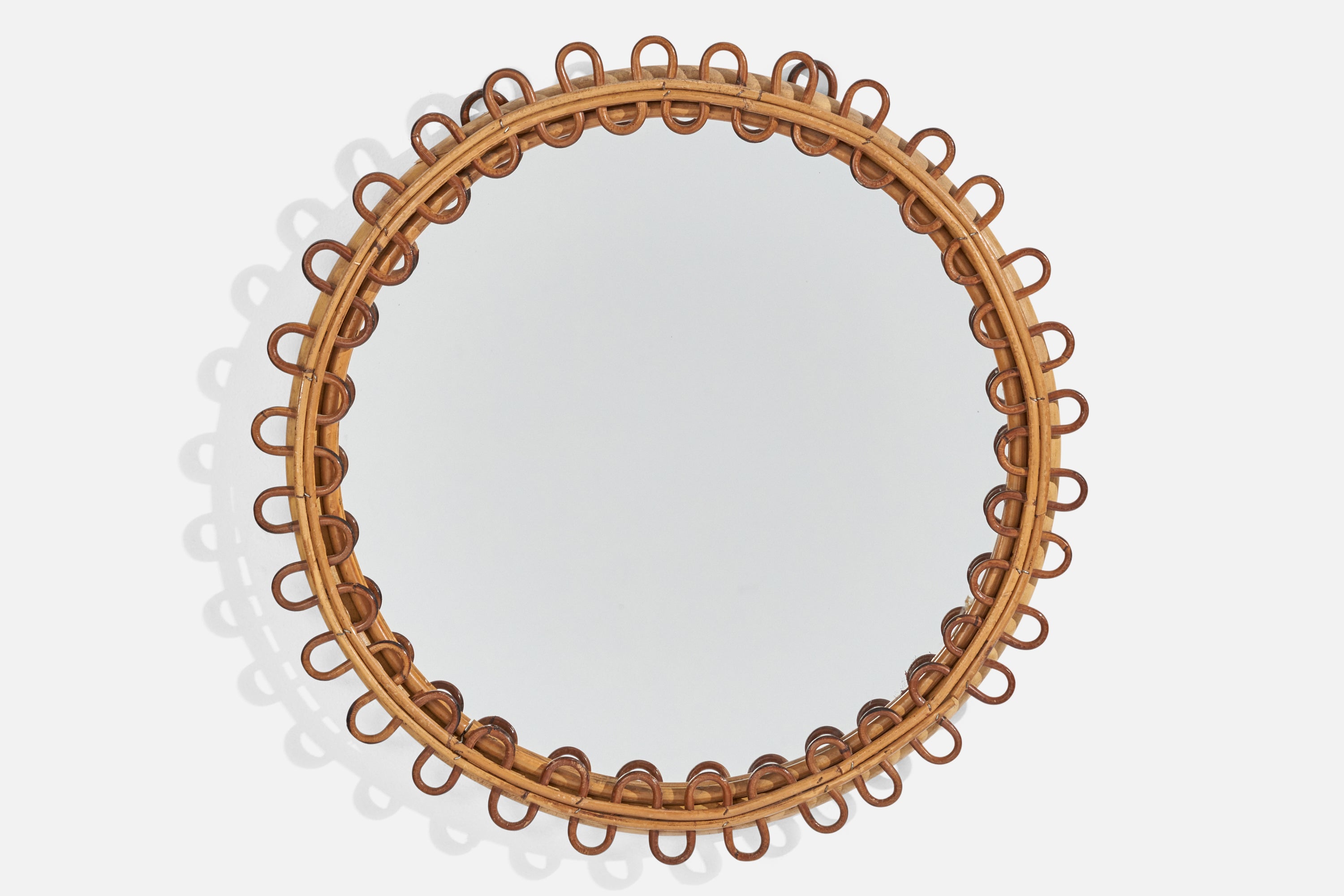 Italian Designer, Wall Mirror, Rattan, Bamboo, Mirror Glass, Italy, 1950s