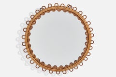 Vintage Italian Designer, Wall Mirror, Rattan, Bamboo, Mirror Glass, Italy, 1950s