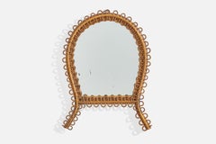 Vintage Italian Designer, Wall Mirror, Rattan, Bamboo, Mirror Glass, Italy, 1950s