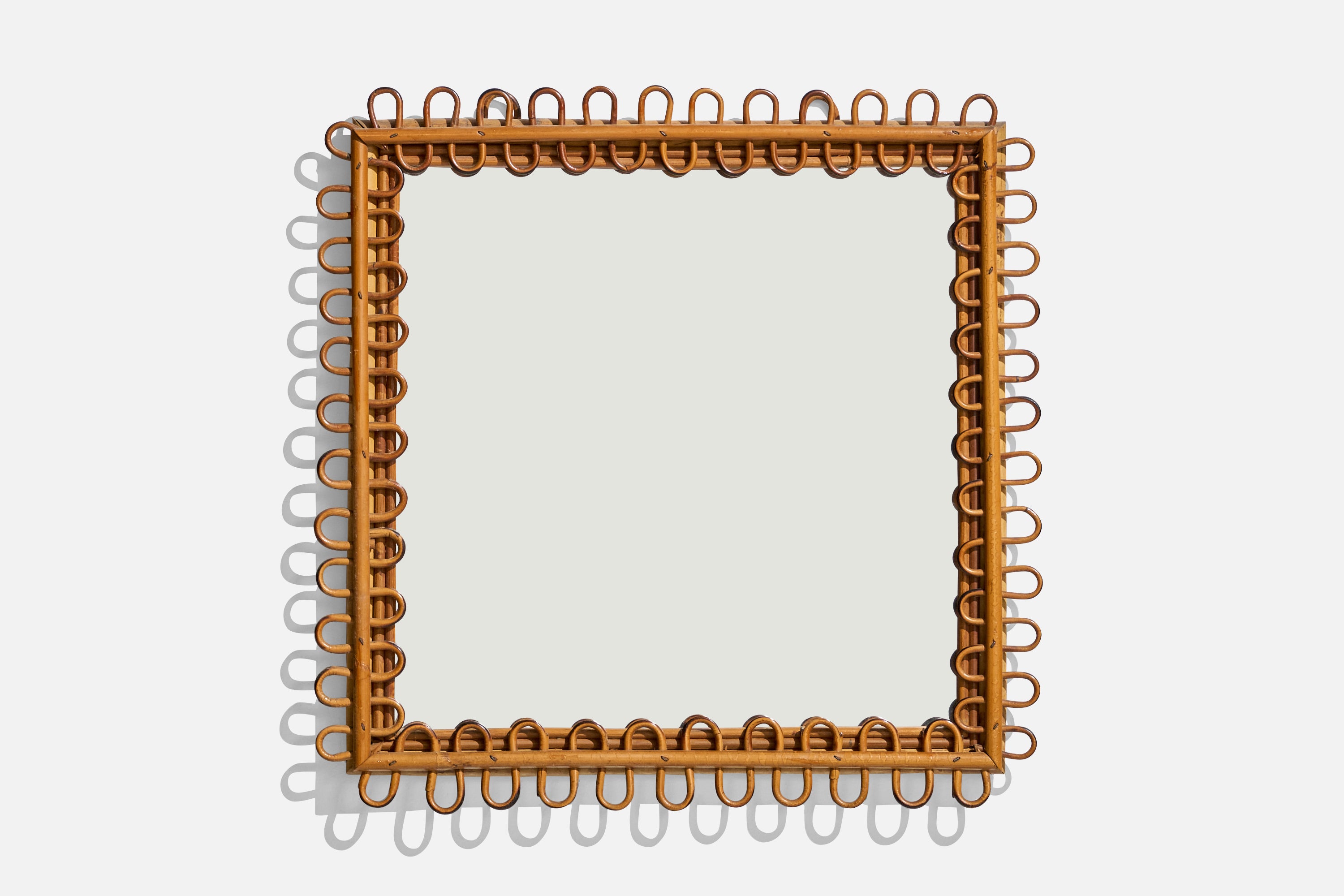 Italian Designer, Wall Mirror, Rattan, Bamboo, Mirror Glass, Italy, 1950s