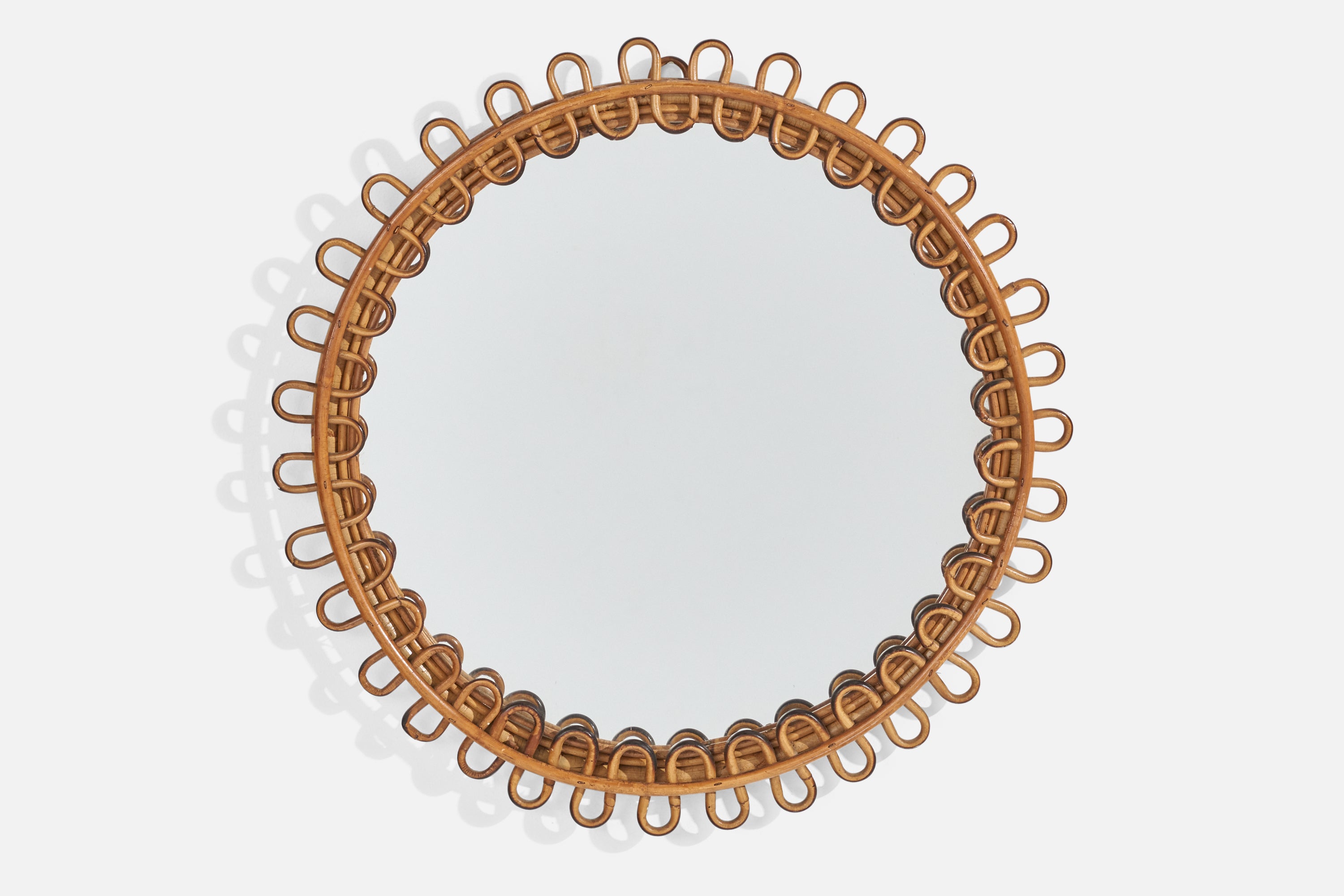 Italian Designer, Wall Mirror, Rattan, Bamboo, Mirror Glass, Italy, 1950s For Sale