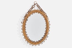 Italian Designer, Wall Mirror, Rattan, Bamboo, Mirror Glass, Italy, 1950s