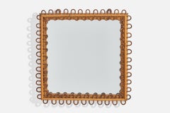 Diseñador italiano, espejo de pared, ratán, bambú, espejo de cristal, Italia, años 50