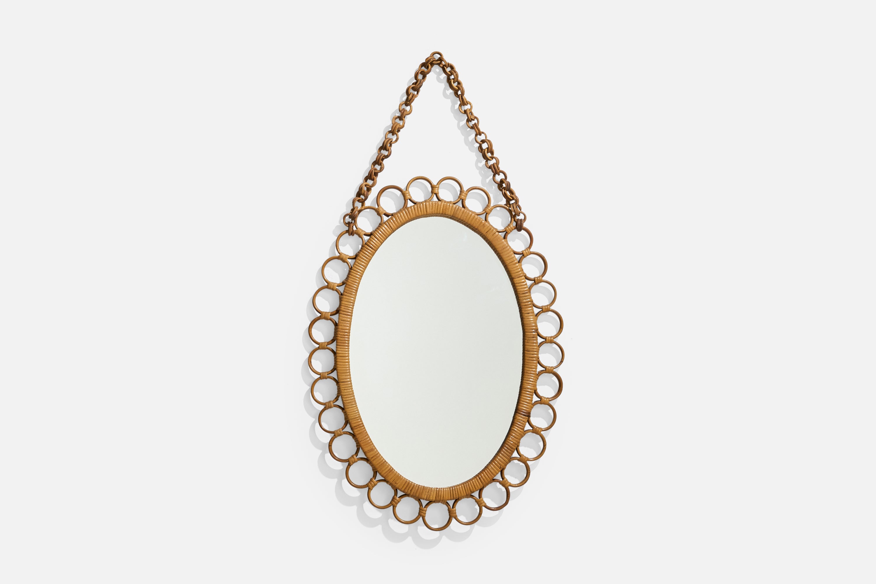 Diseñador italiano, espejo de pared, ratán, bambú, espejo de cristal, Italia, años 50