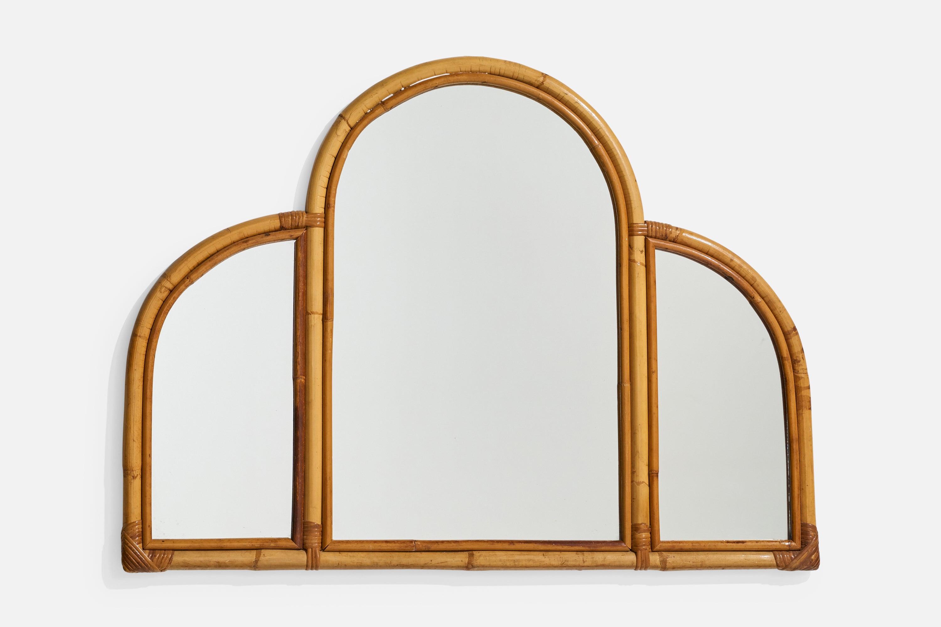 Diseñador italiano, espejo de pared, ratán, bambú, espejo de cristal, Italia, años 50