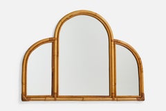 Designer italien, miroir mural, rotin, bambou, miroir en verre, Italie, années 1950