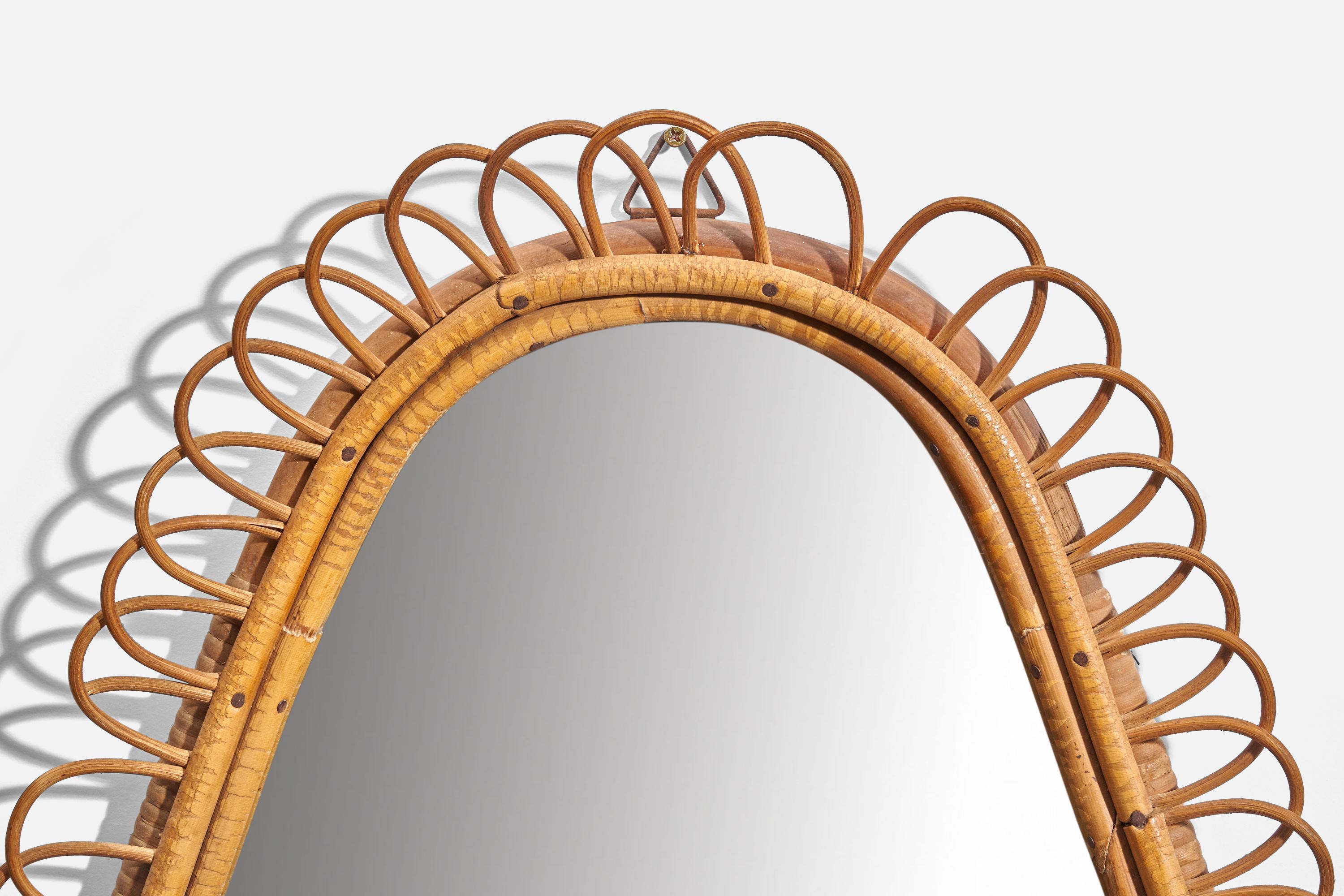 Italian Designer, Wall Mirror, Rattan, Bamboo, Mirror Glass, Italy, 1960s In Good Condition For Sale In High Point, NC
