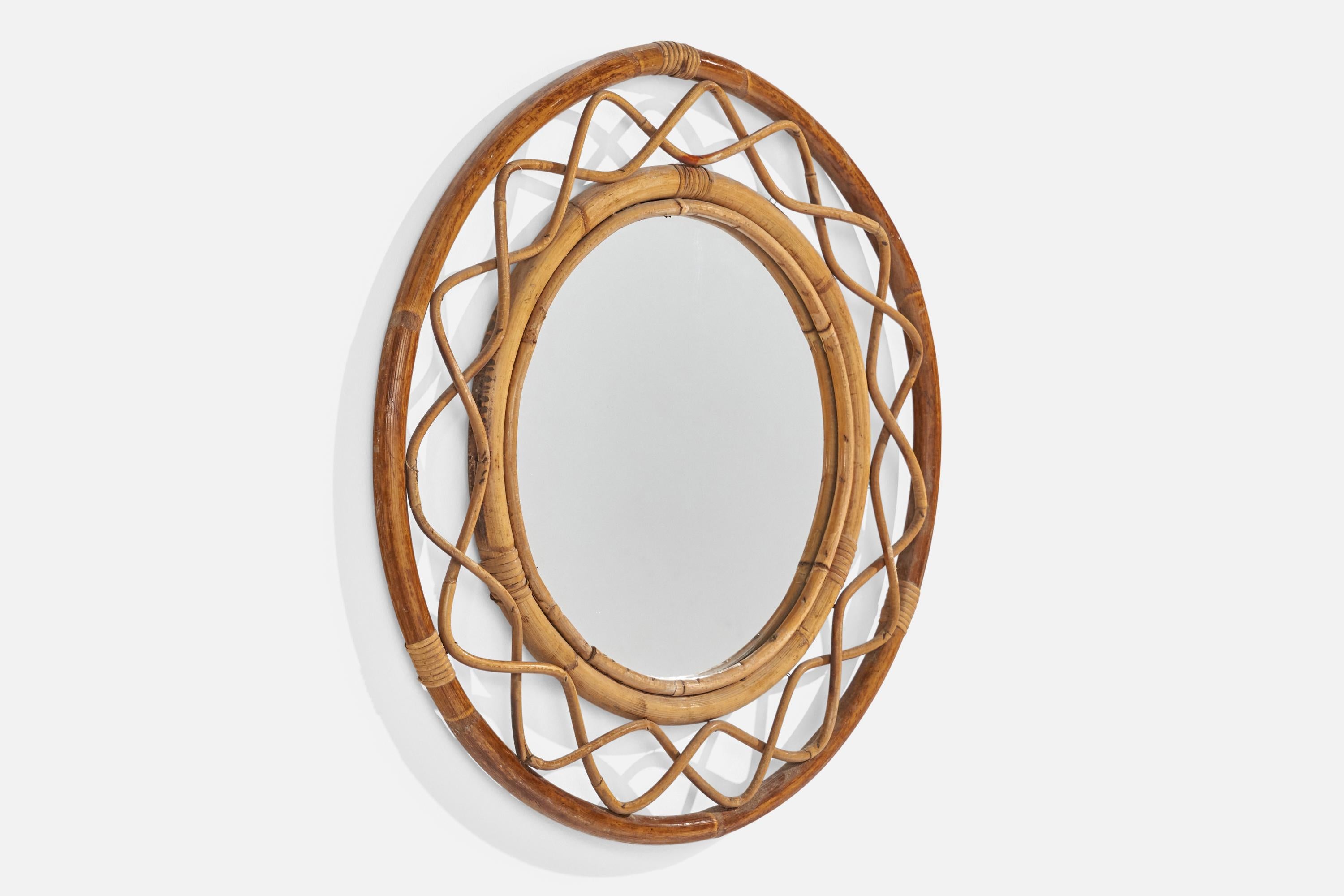 Mid-Century Modern Italian Designer, Wall Mirror, Rattan, Bamboo, Mirror Glass, Italy, C. 1960s For Sale
