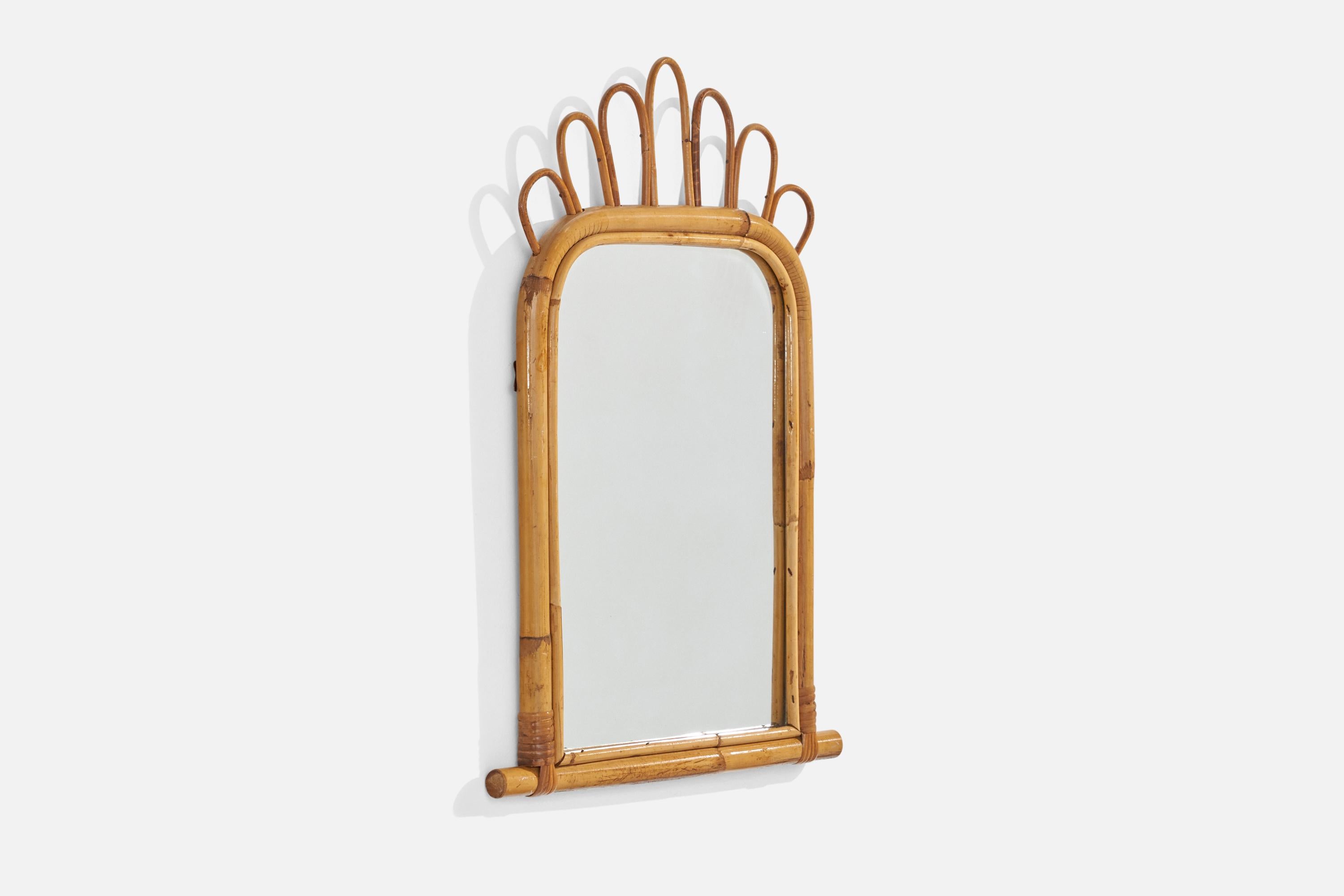 Mid-Century Modern Italian Designer, Wall Mirror, Rattan, Bamboo, Mirror Glass, Italy, c. 1960s For Sale