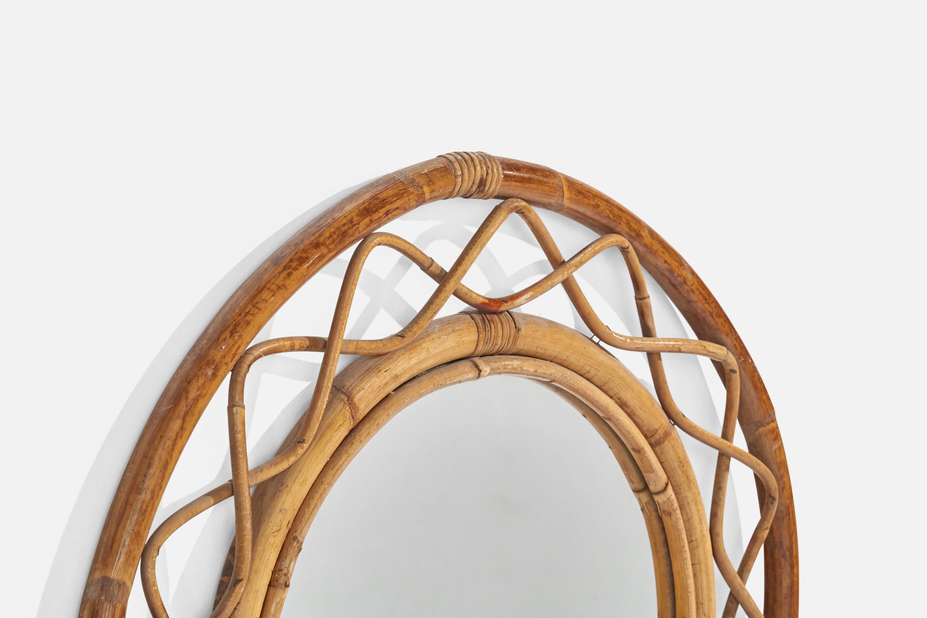 Italian Designer, Wall Mirror, Rattan, Bamboo, Mirror Glass, Italy, C. 1960s In Good Condition For Sale In High Point, NC