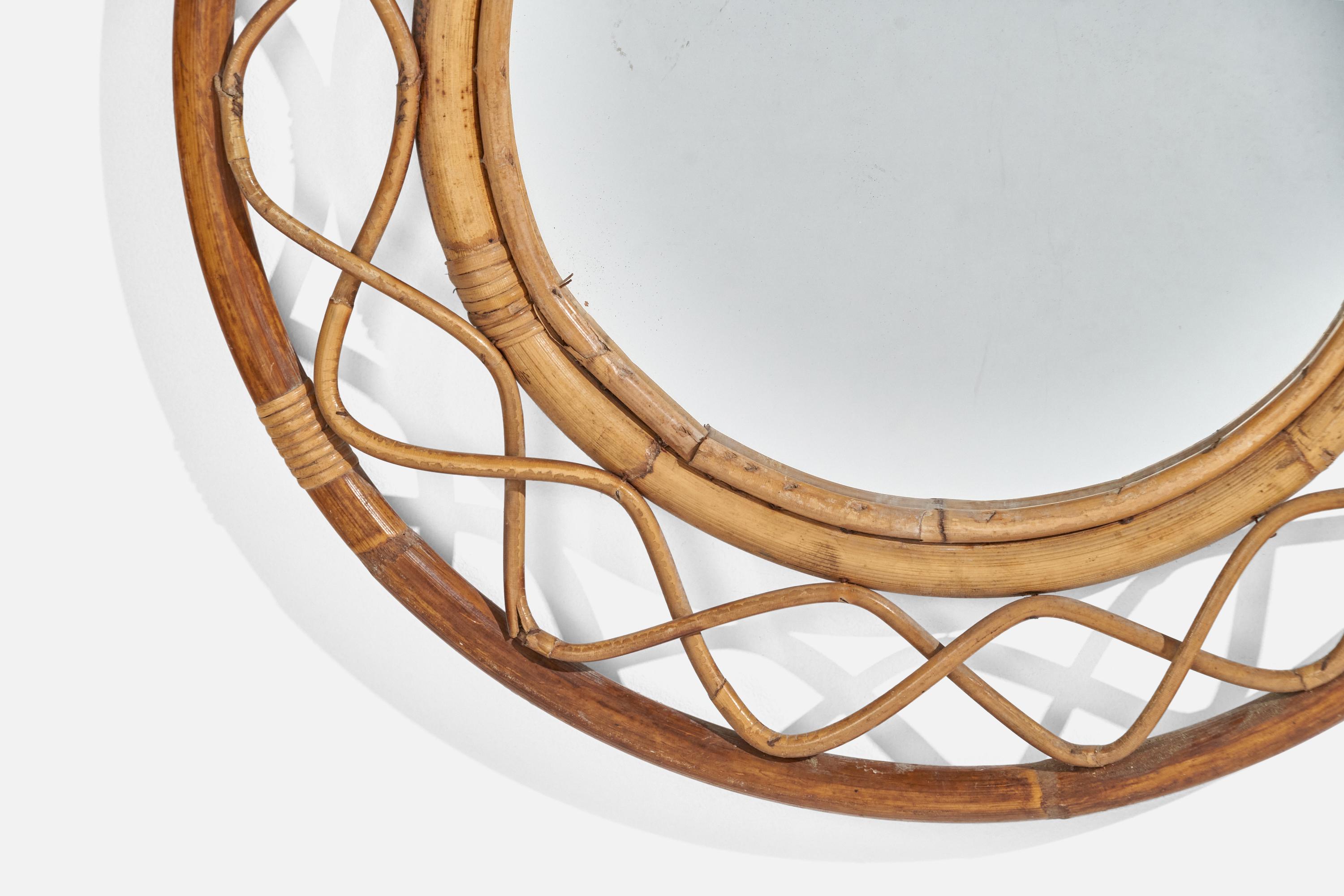 Italian Designer, Wall Mirror, Rattan, Bamboo, Mirror Glass, Italy, C. 1960s For Sale 1