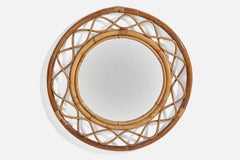 Vintage Italian Designer, Wall Mirror, Rattan, Bamboo, Mirror Glass, Italy, C. 1960s