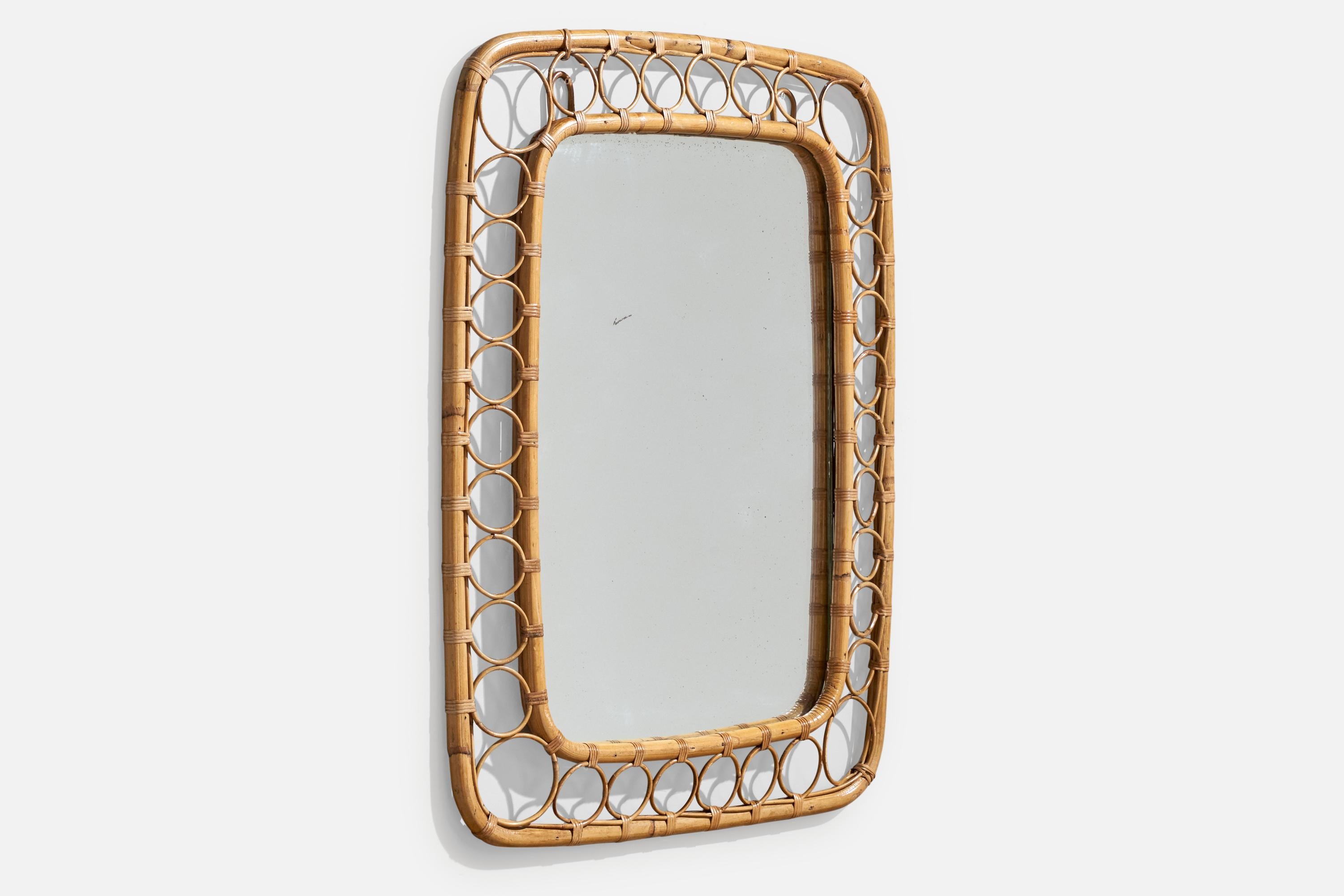 Mid-Century Modern Italian Designer, Wall Mirror, Rattan, Bamboo, Mirror, Italy, 1960s For Sale