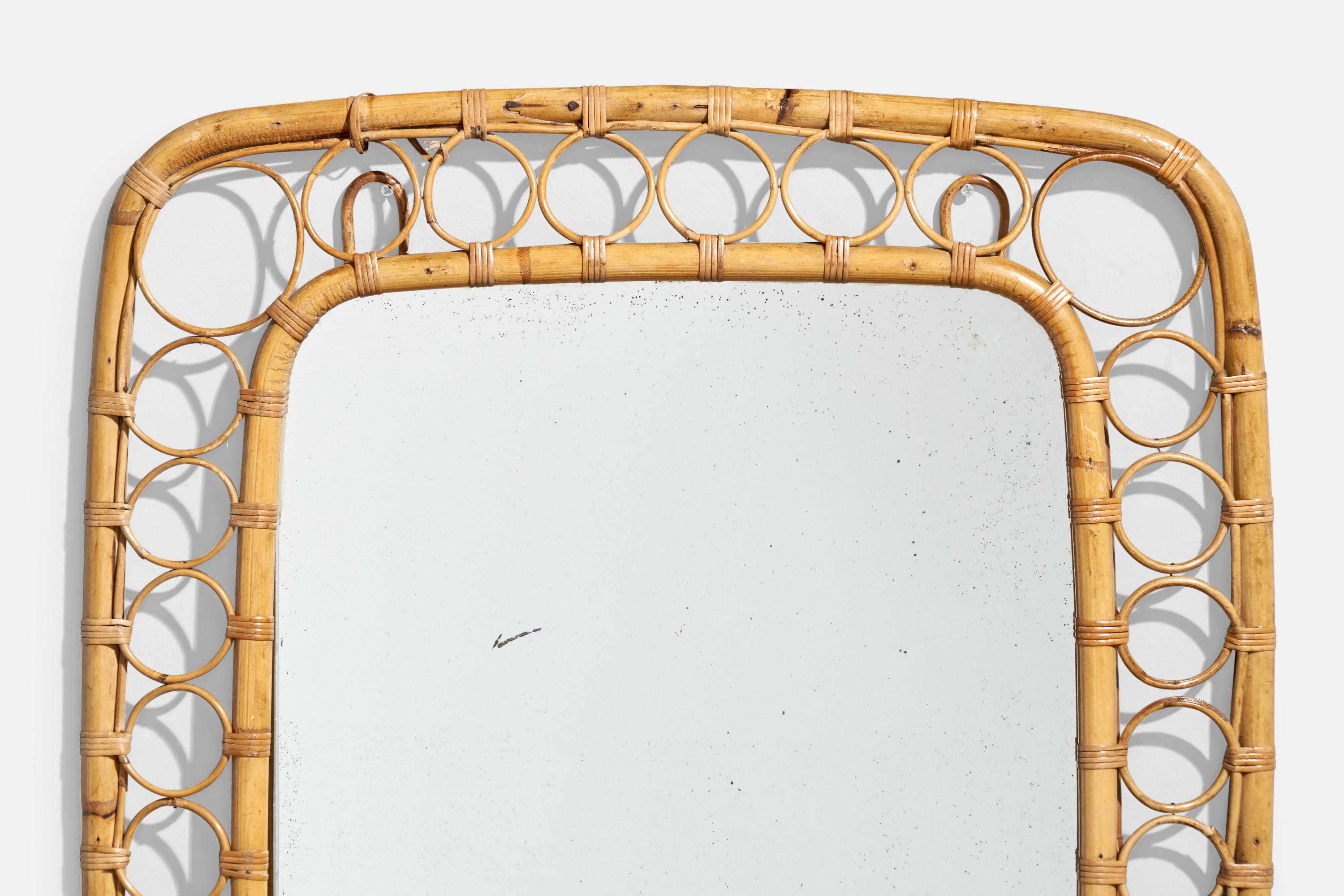 Mid-20th Century Italian Designer, Wall Mirror, Rattan, Bamboo, Mirror, Italy, 1960s For Sale