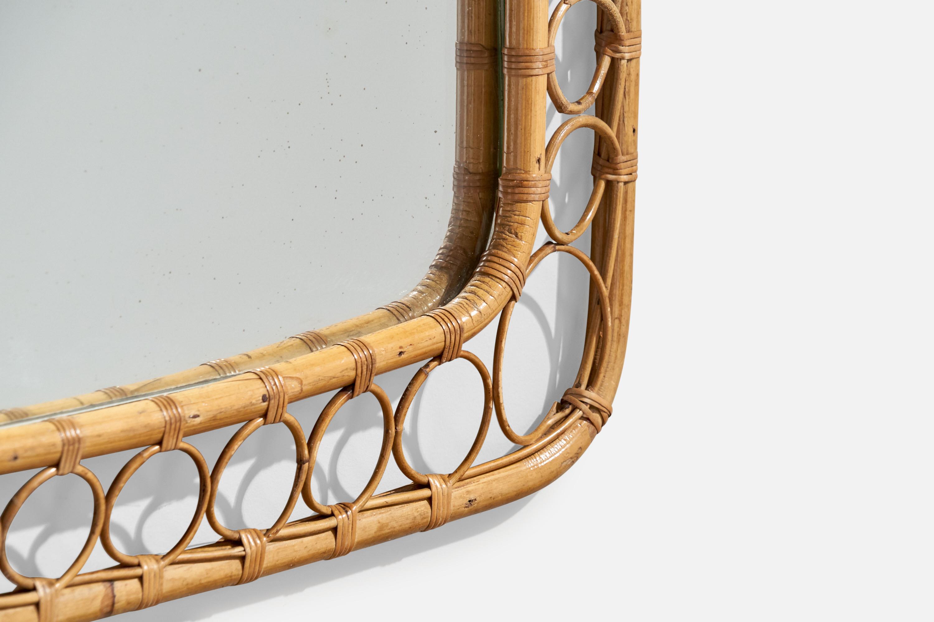 Italian Designer, Wall Mirror, Rattan, Bamboo, Mirror, Italy, 1960s For Sale 1