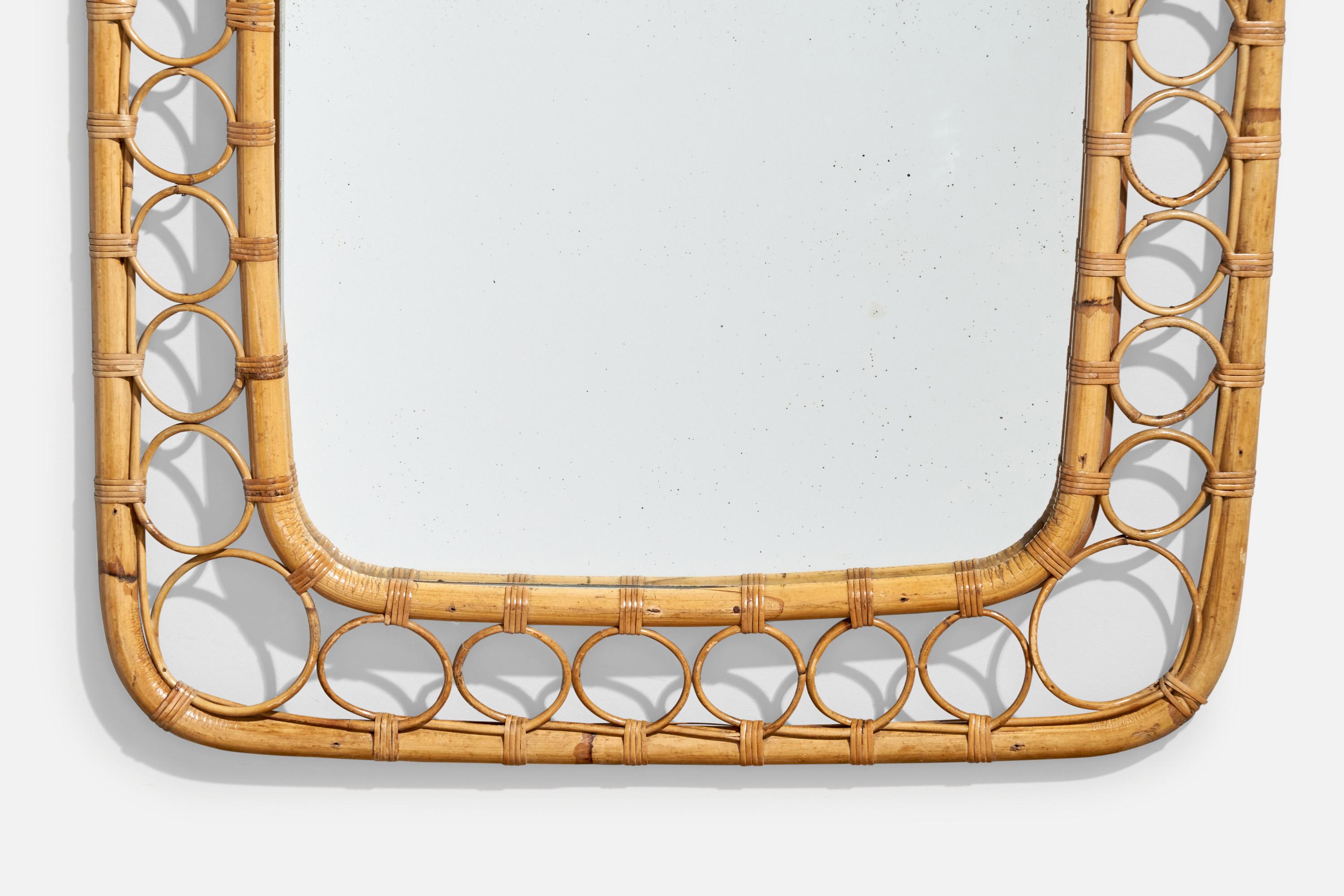 Italian Designer, Wall Mirror, Rattan, Bamboo, Mirror, Italy, 1960s For Sale 2