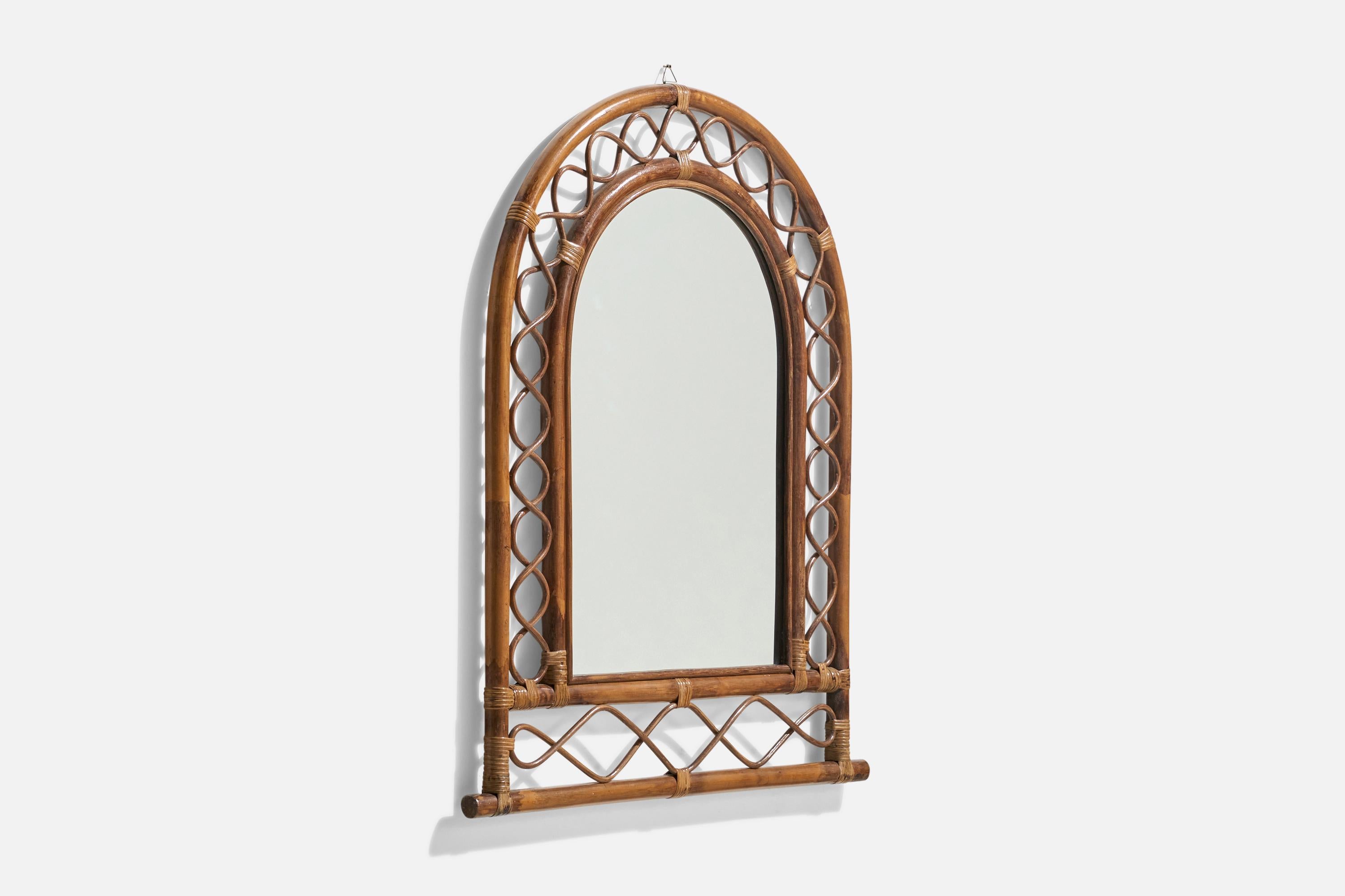 Mid-Century Modern Italian Designer, Wall Mirror, Rattan, Bamboo, Mirror, Italy, c. 1950s For Sale