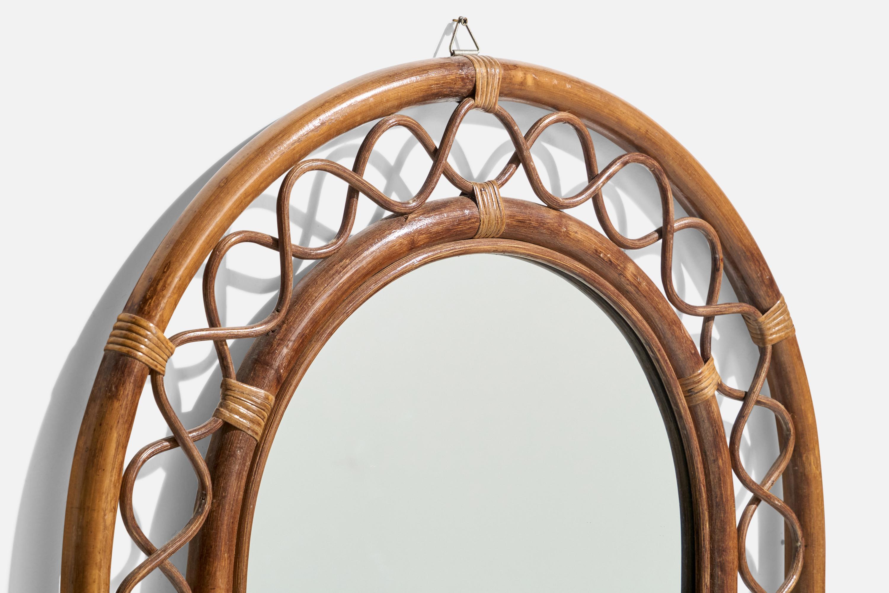 Italian Designer, Wall Mirror, Rattan, Bamboo, Mirror, Italy, c. 1950s In Good Condition For Sale In High Point, NC