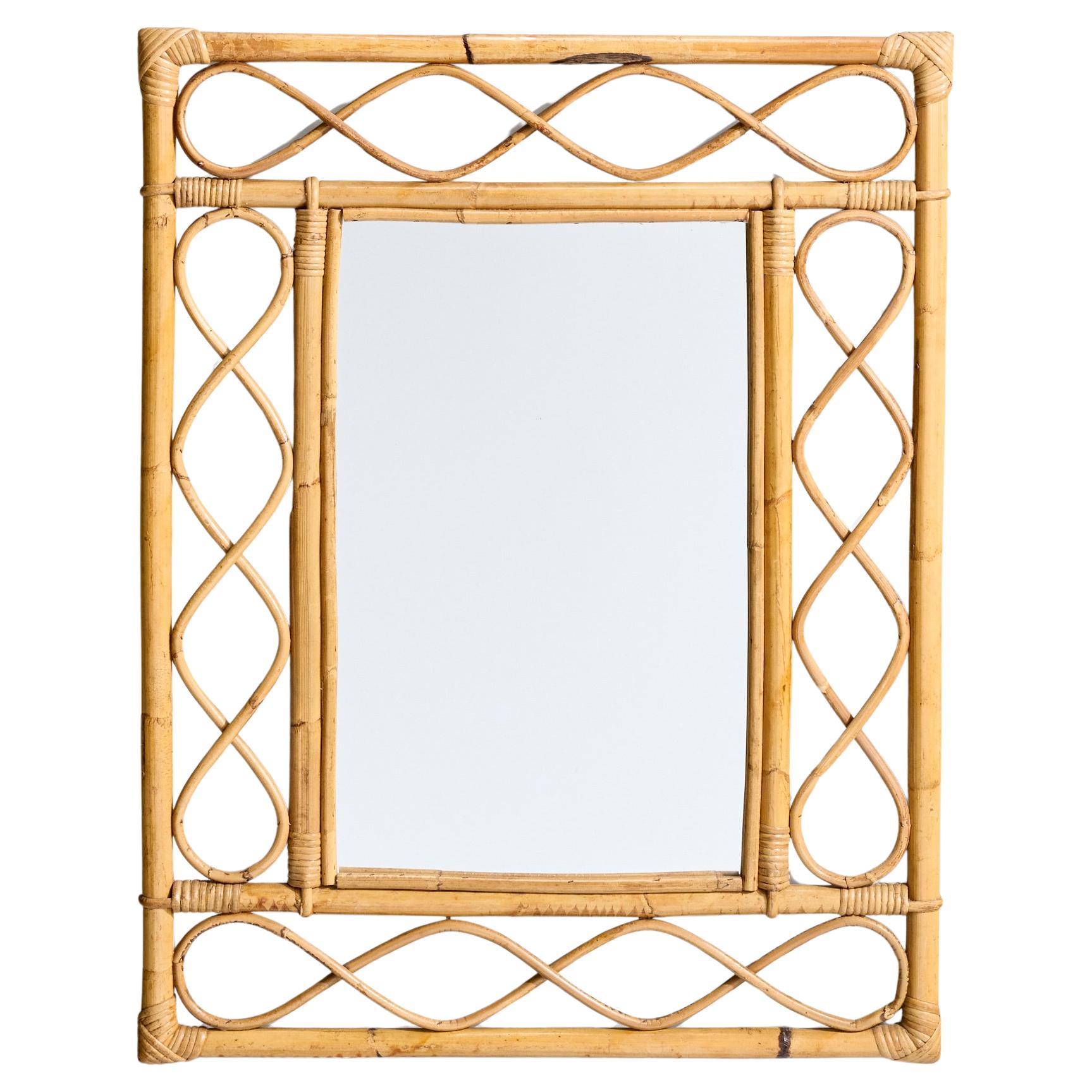 Italian Designer, Wall Mirror, Rattan, Bamboo, Mirror, Italy, C. 1950s