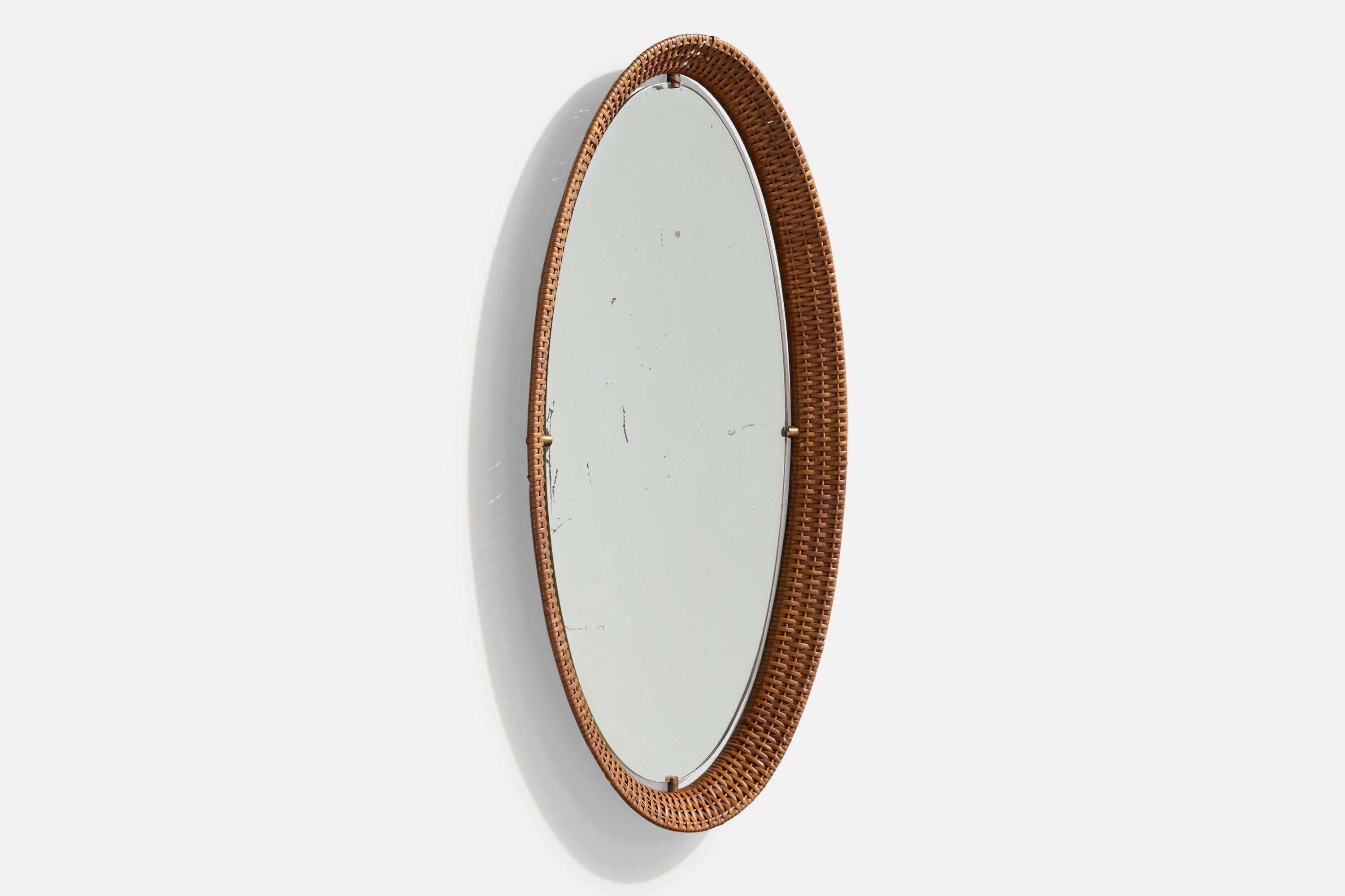 Mid-Century Modern Miroir mural de designer italien, rotin, laiton, Italie, années 1950 en vente