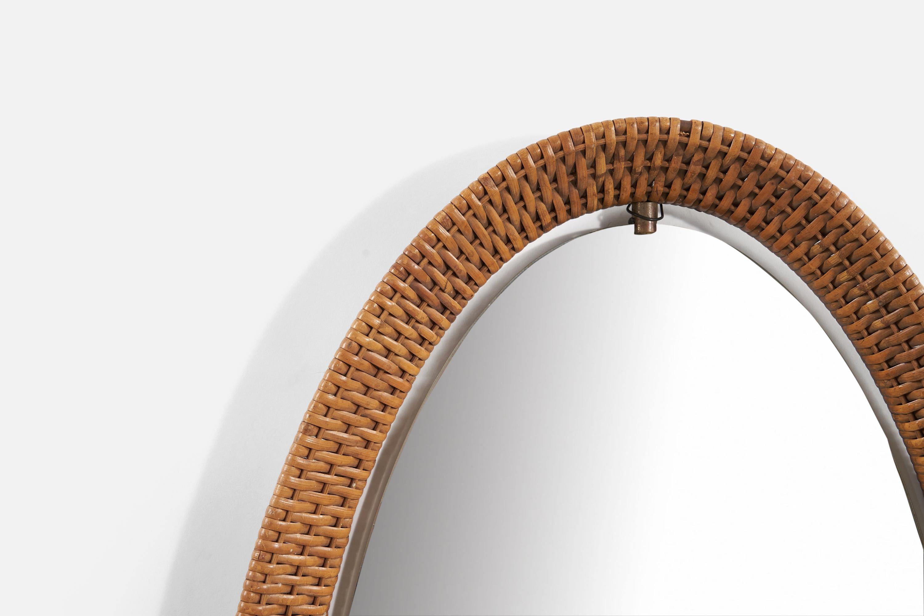 Mid-20th Century Italian Designer, Wall Mirror, Rattan, Brass, Italy, 1950s For Sale