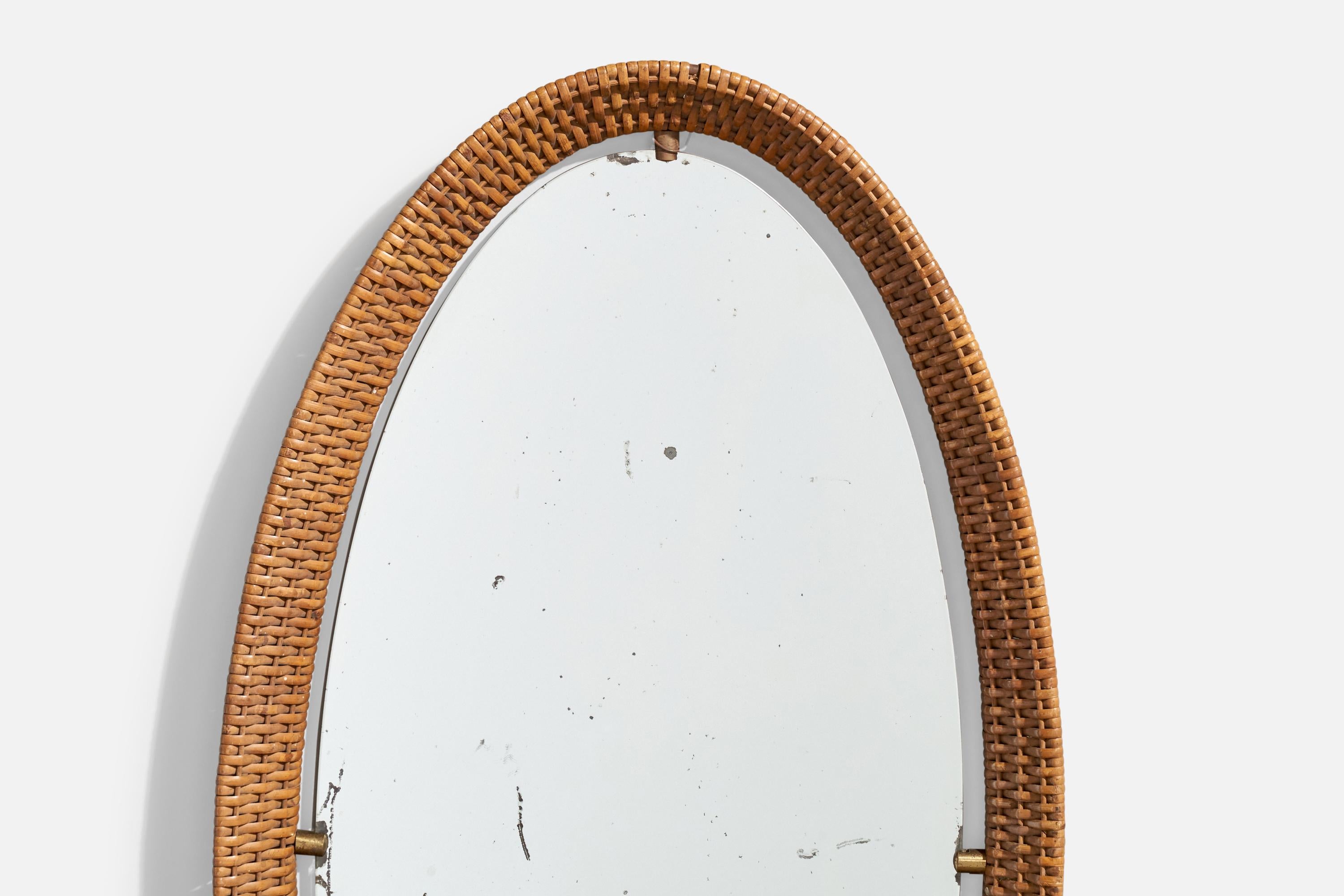 Rotin Miroir mural de designer italien, rotin, laiton, Italie, années 1950 en vente