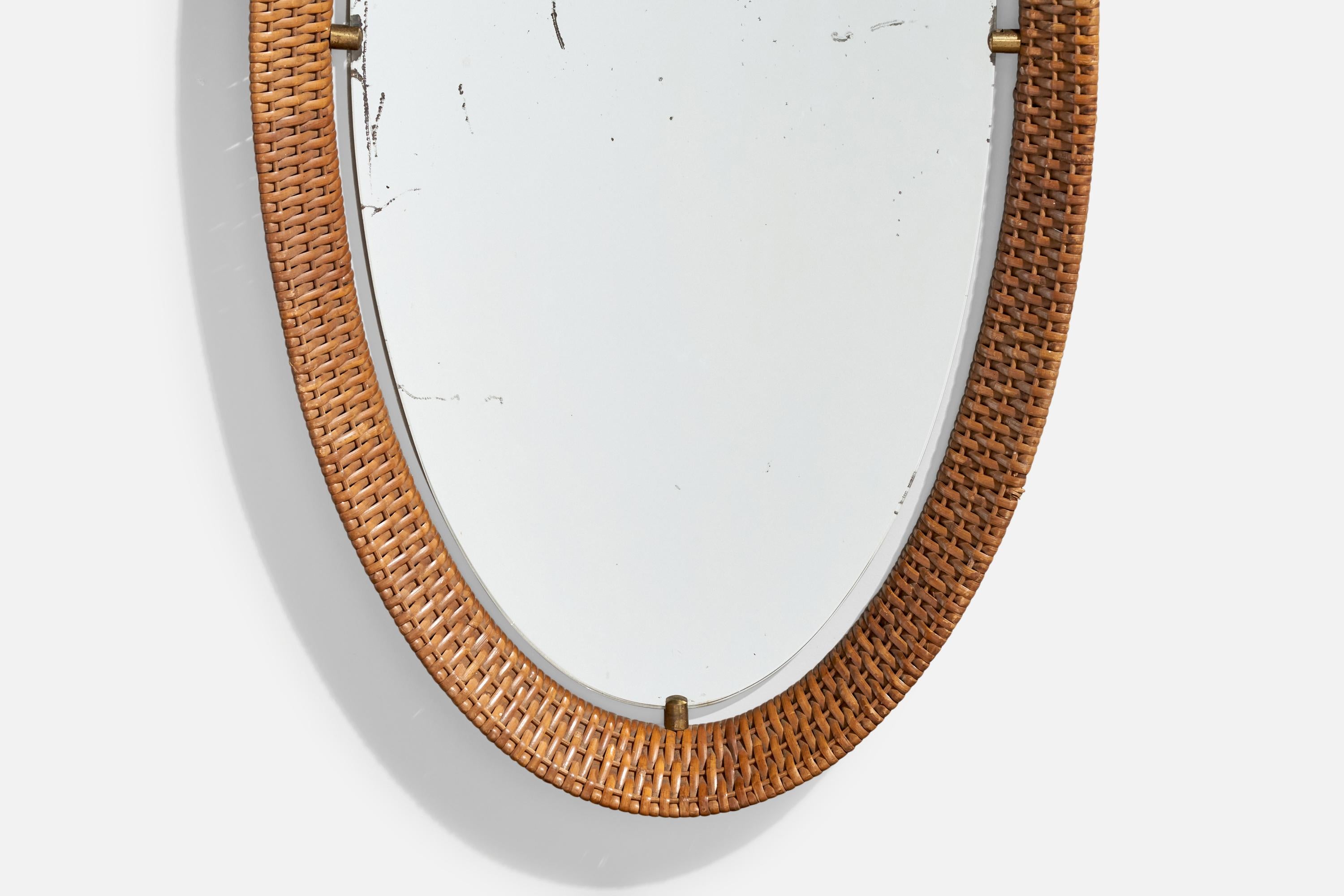 Miroir mural de designer italien, rotin, laiton, Italie, années 1950 en vente 1