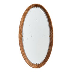 Italienischer italienischer Designer, Wandspiegel, Rattan, Messing, Italien, 1950er Jahre