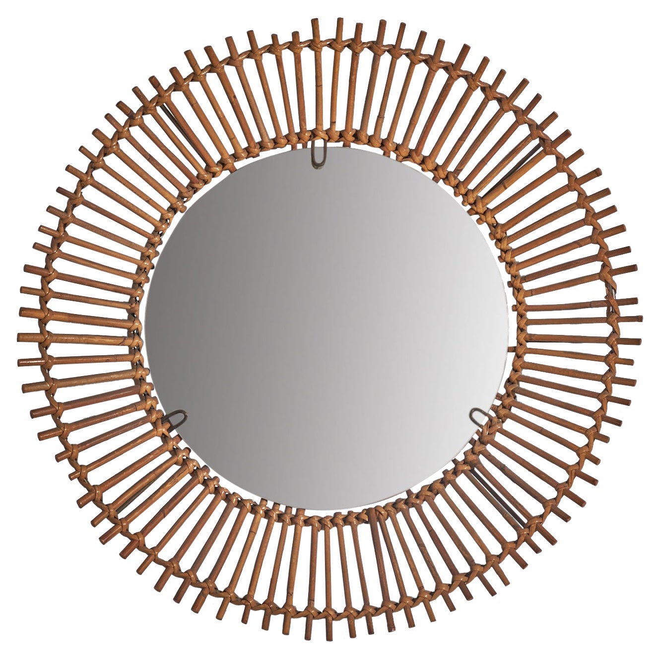 Italian Designer, Wall Mirror, Rattan, Brass, Mirror Glass, Italy, C. 1960s