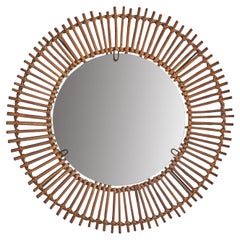Italian Designer, Wall Mirror, Rattan, Brass, Mirror Glass, Italy, C. 1960s