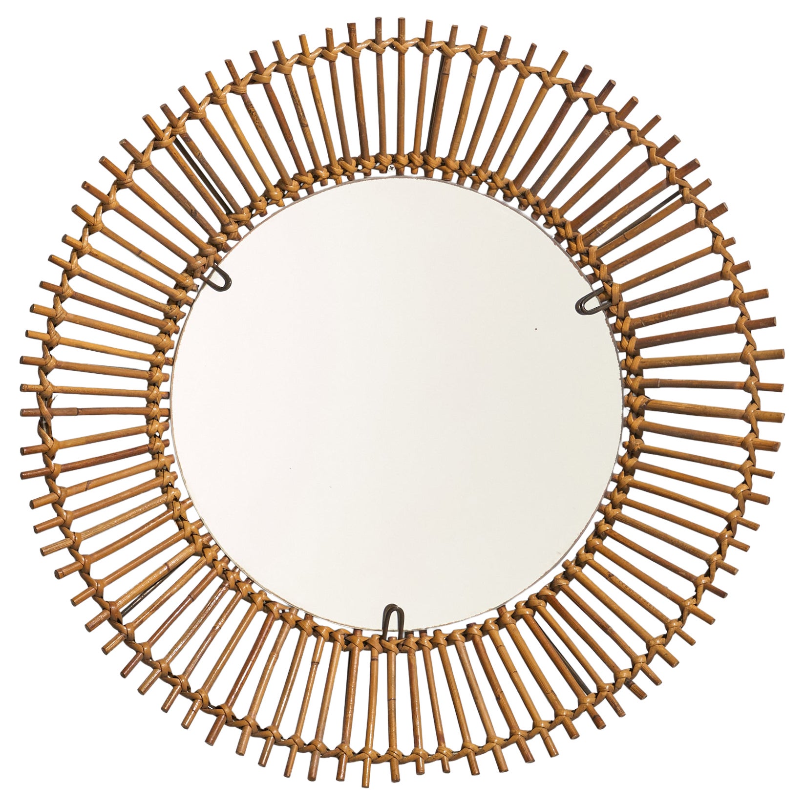 Italian Designer, Wall Mirror, Rattan, Brass, Mirror Glass, Italy, C. 1960s