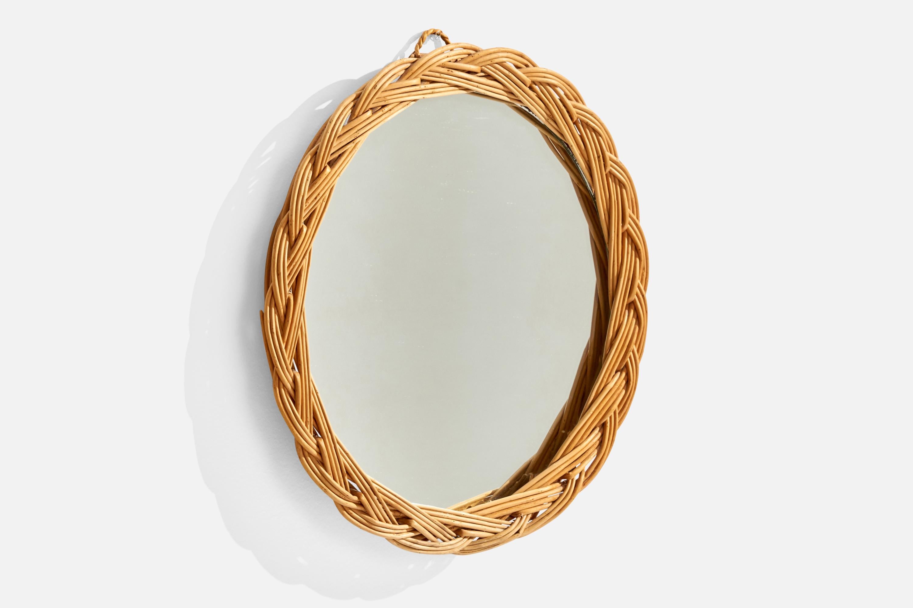 Mid-Century Modern Italian Designer, Wall Mirror, Rattan, France, 1960s For Sale