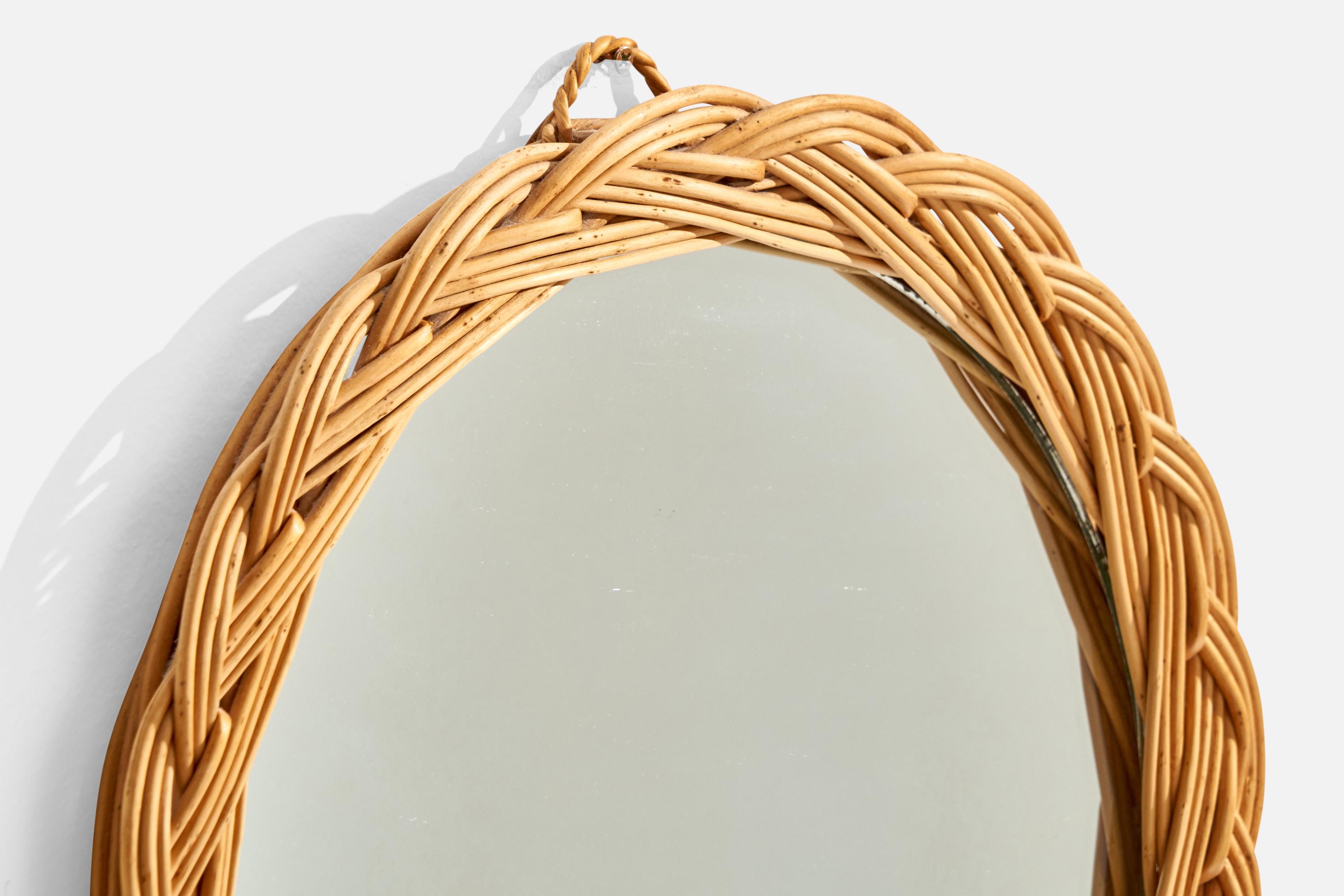 French Italian Designer, Wall Mirror, Rattan, France, 1960s For Sale