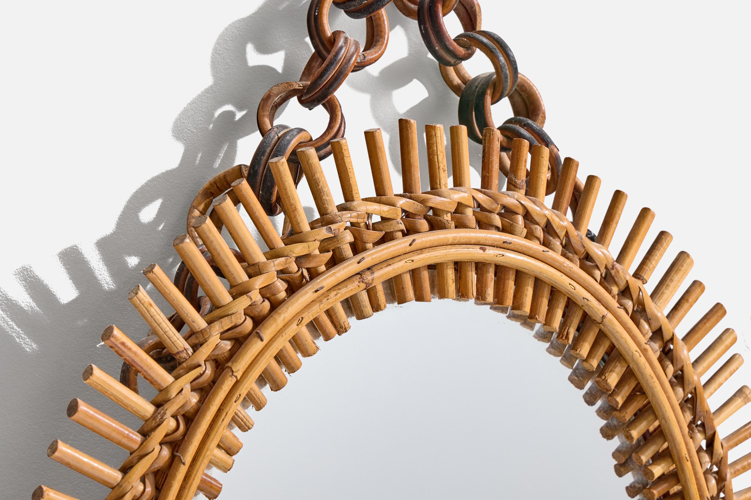 Mid-20th Century Italian Designer, Wall Mirror, Rattan, Italy, 1950s For Sale