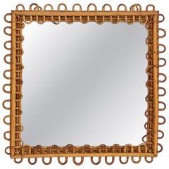 Italienischer Designer, quadratischer Wandspiegel, Rattan, Spiegelglas, Italien, ca. 1950er Jahre